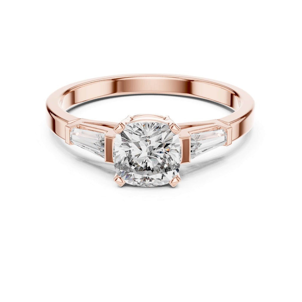 Elisora Tapered Baguette Solitaire Ring | Round Brilliant Center with Baguette Side Stones | Moissanite or Lab Diamond in 10K/14K Gold or Silver