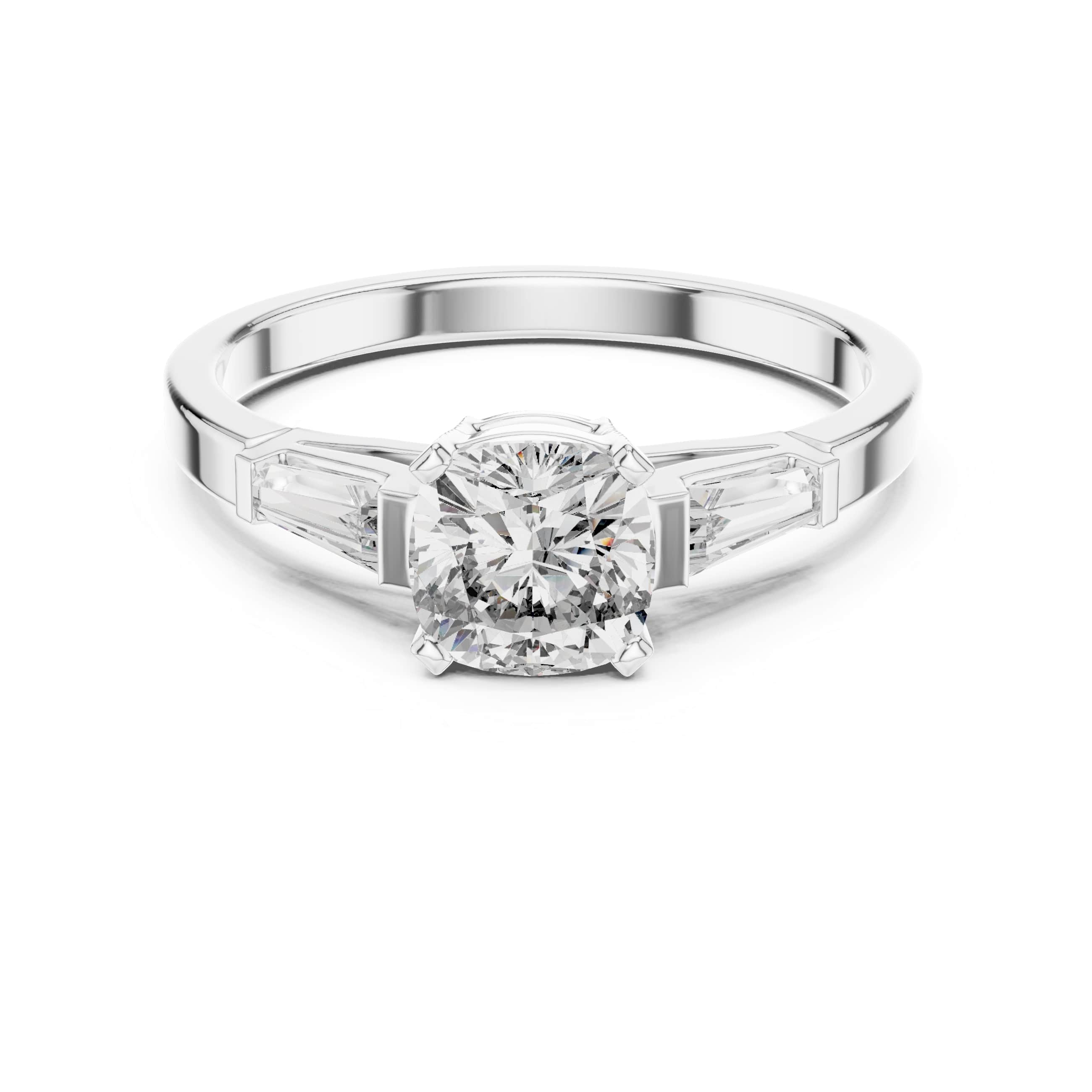 Elisora Tapered Baguette Solitaire Ring | Round Brilliant Center with Baguette Side Stones | Moissanite or Lab Diamond in 10K/14K Gold or Silver