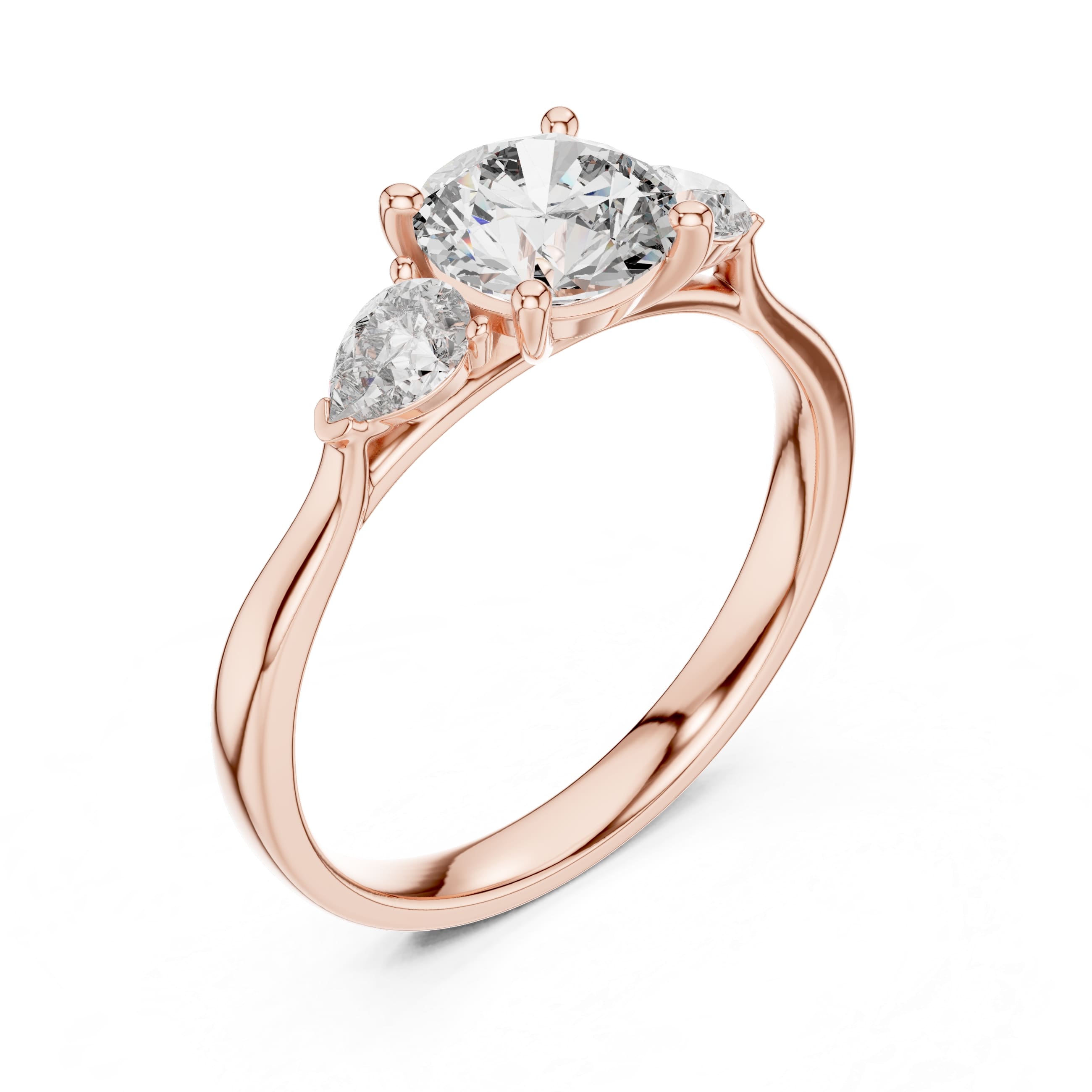 Elisora Three-Stone Engagement Ring | Round Brilliant Center with Pear Side Stones | Moissanite or Lab Diamond in 10K/14K Gold or Silver