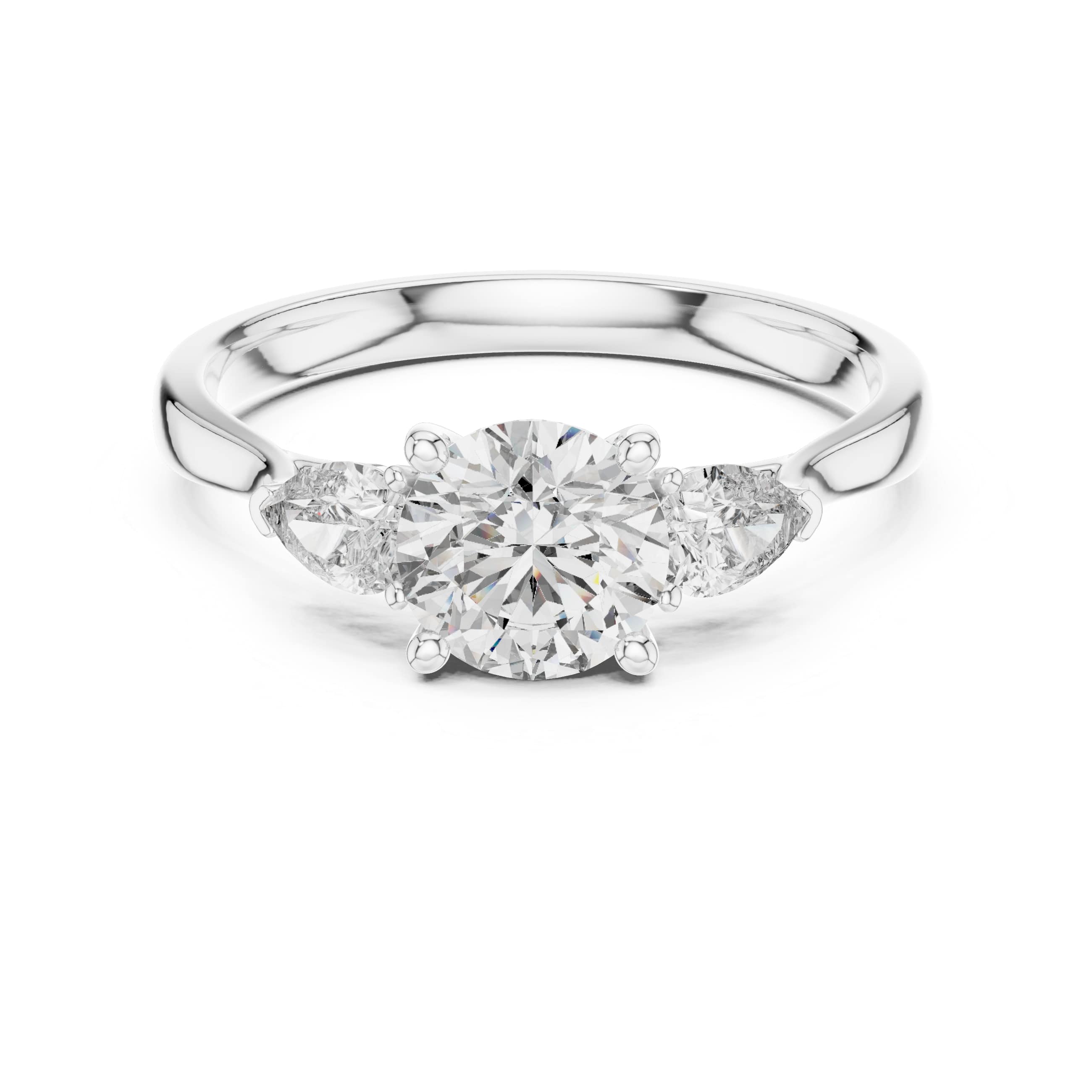 Elisora Three-Stone Engagement Ring | Round Brilliant Center with Pear Side Stones | Moissanite or Lab Diamond in 10K/14K Gold or Silver