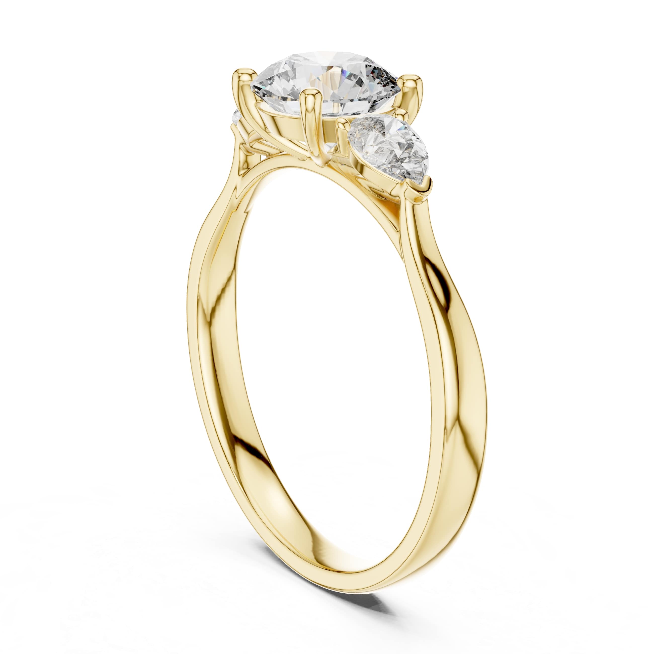 Elisora Three-Stone Engagement Ring | Round Brilliant Center with Pear Side Stones | Moissanite or Lab Diamond in 10K/14K Gold or Silver