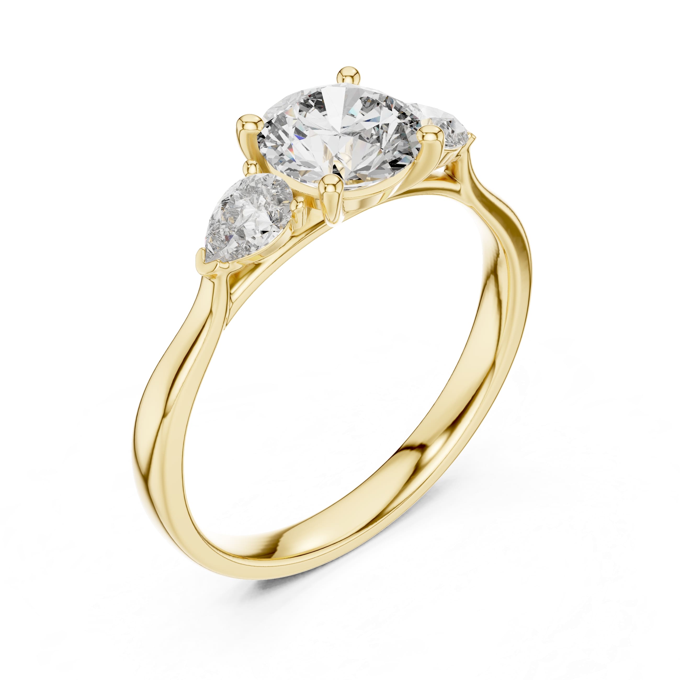 Elisora Three-Stone Engagement Ring | Round Brilliant Center with Pear Side Stones | Moissanite or Lab Diamond in 10K/14K Gold or Silver