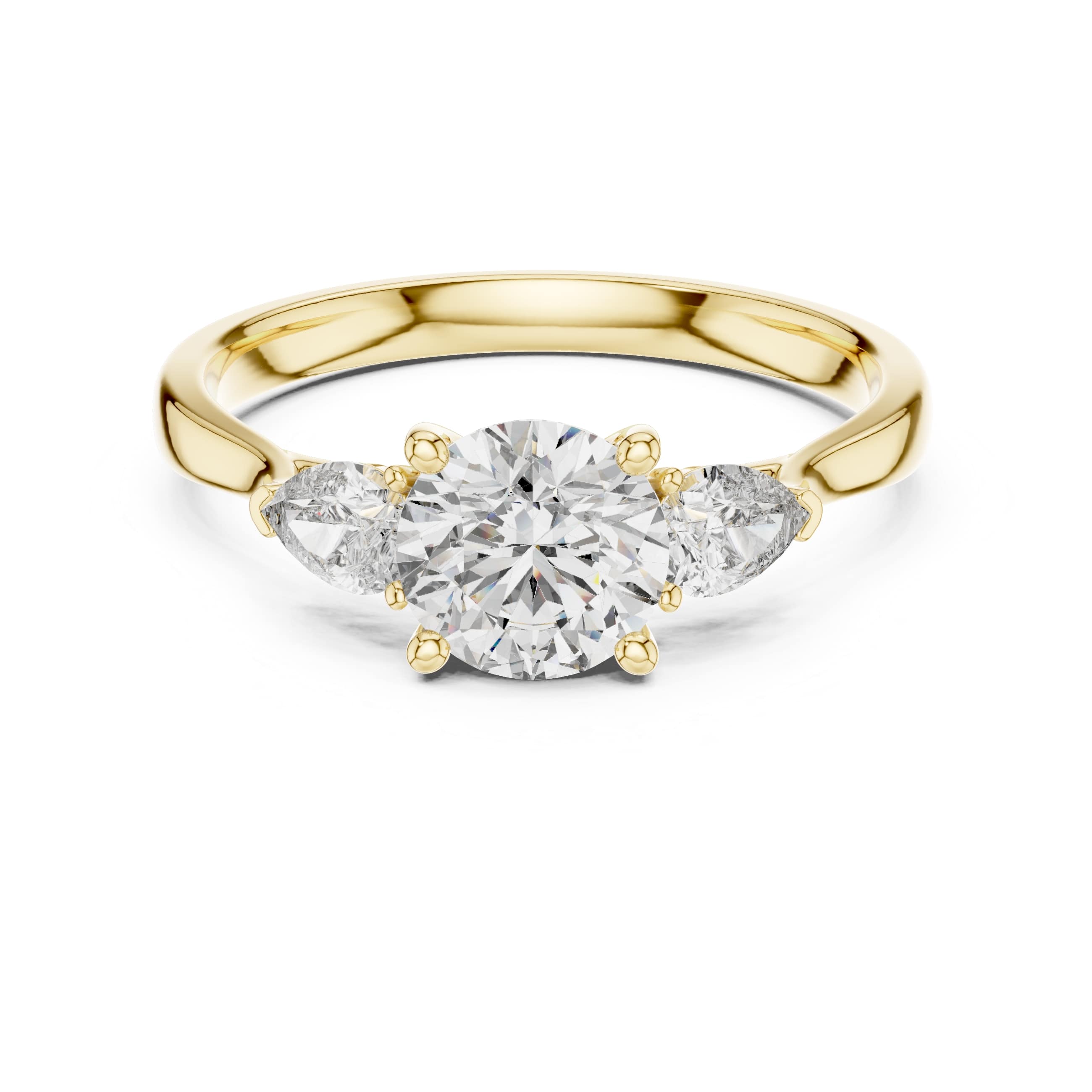Elisora Three-Stone Engagement Ring | Round Brilliant Center with Pear Side Stones | Moissanite or Lab Diamond in 10K/14K Gold or Silver