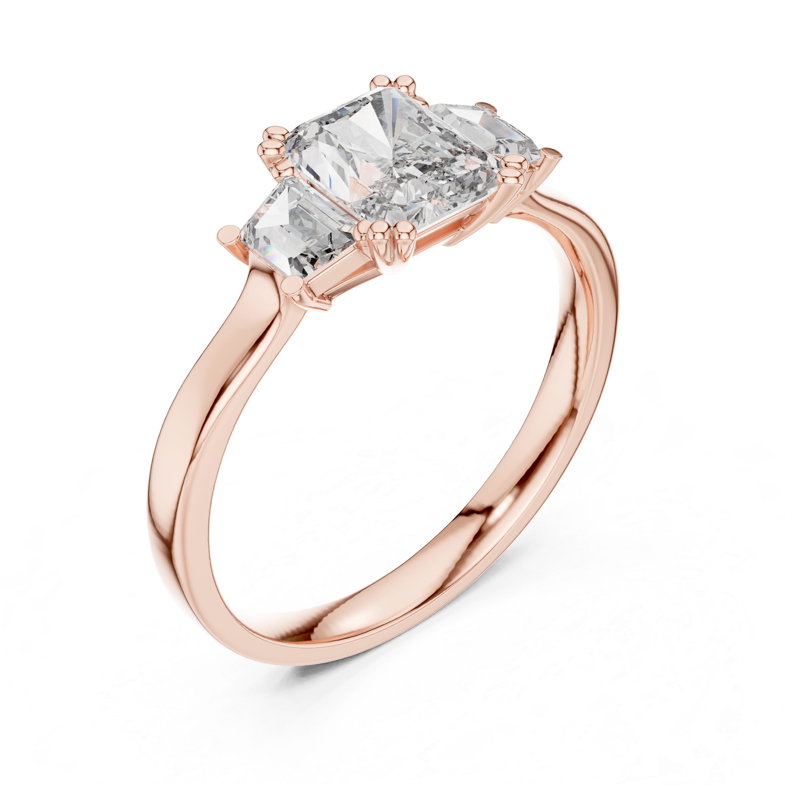 Elisora Radiant Three-Stone Engagement Ring | Radiant Cut Center with Baguette Side Stones | Moissanite or Lab Diamond in 10K/14K Gold or Silver