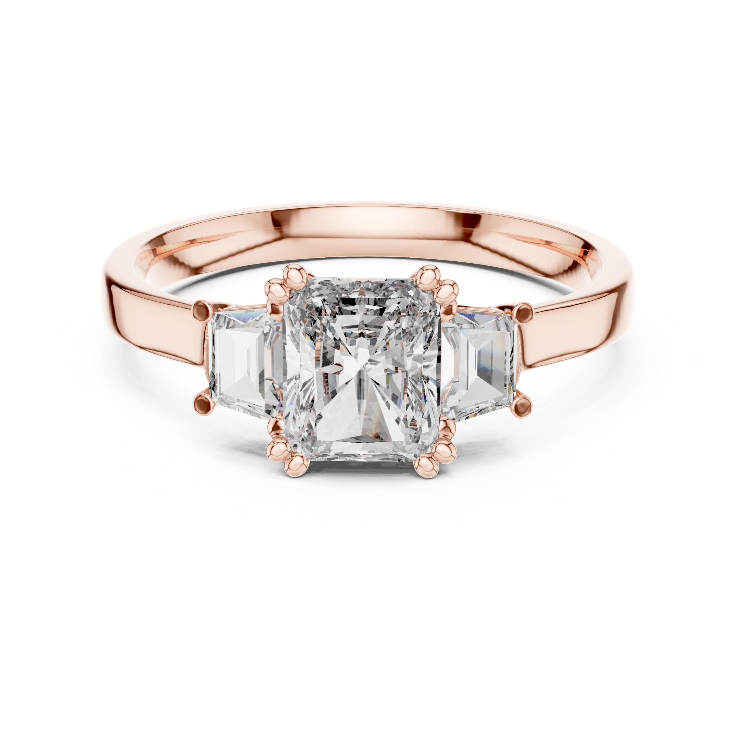 Elisora Radiant Three-Stone Engagement Ring | Radiant Cut Center with Baguette Side Stones | Moissanite or Lab Diamond in 10K/14K Gold or Silver