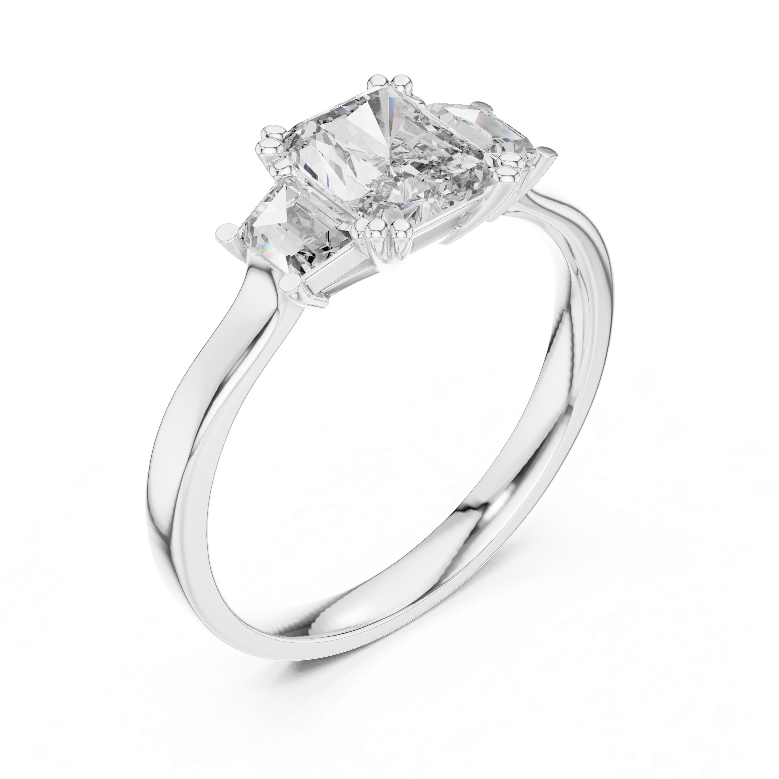 Elisora Radiant Three-Stone Engagement Ring | Radiant Cut Center with Baguette Side Stones | Moissanite or Lab Diamond in 10K/14K Gold or Silver
