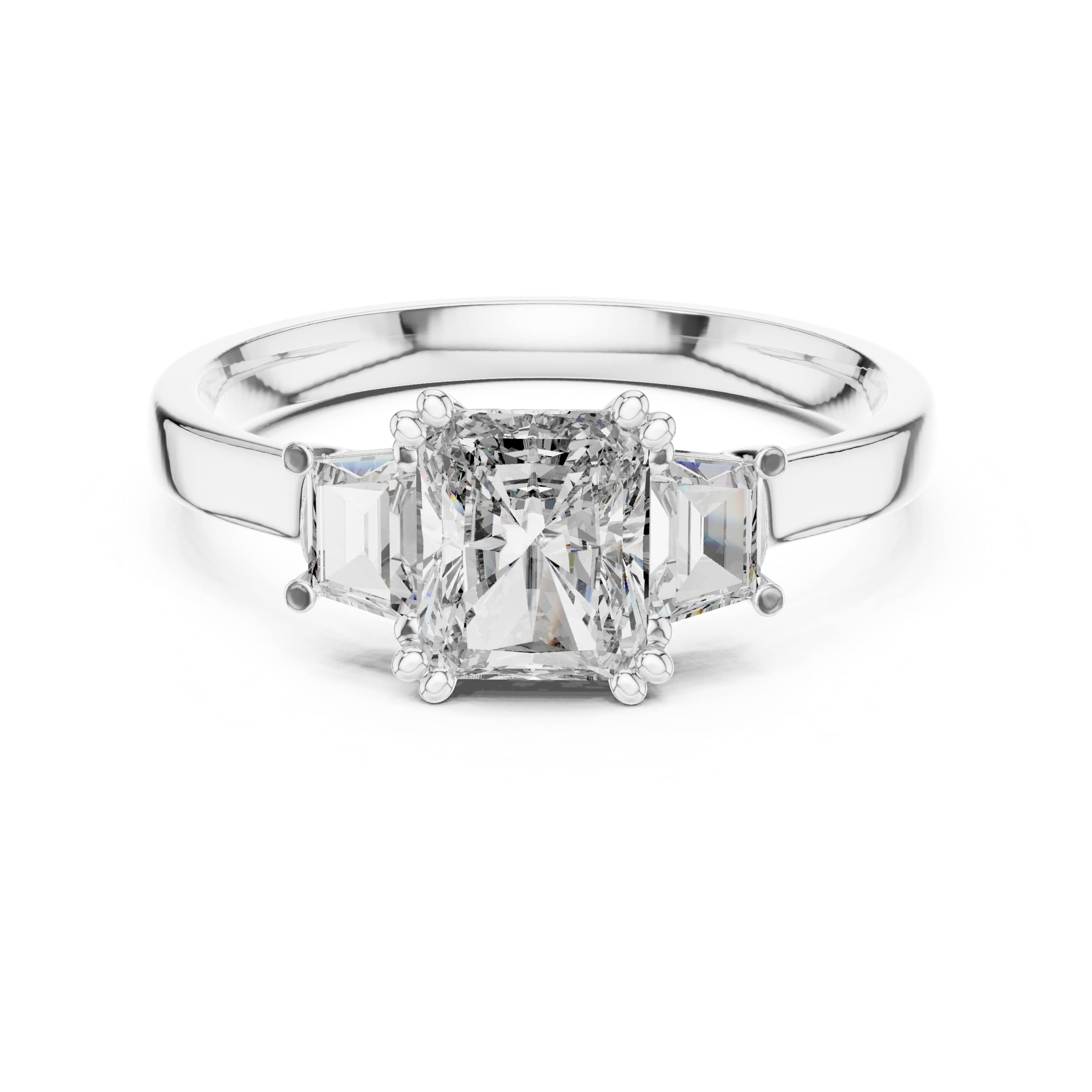 Elisora Radiant Three-Stone Engagement Ring | Radiant Cut Center with Baguette Side Stones | Moissanite or Lab Diamond in 10K/14K Gold or Silver