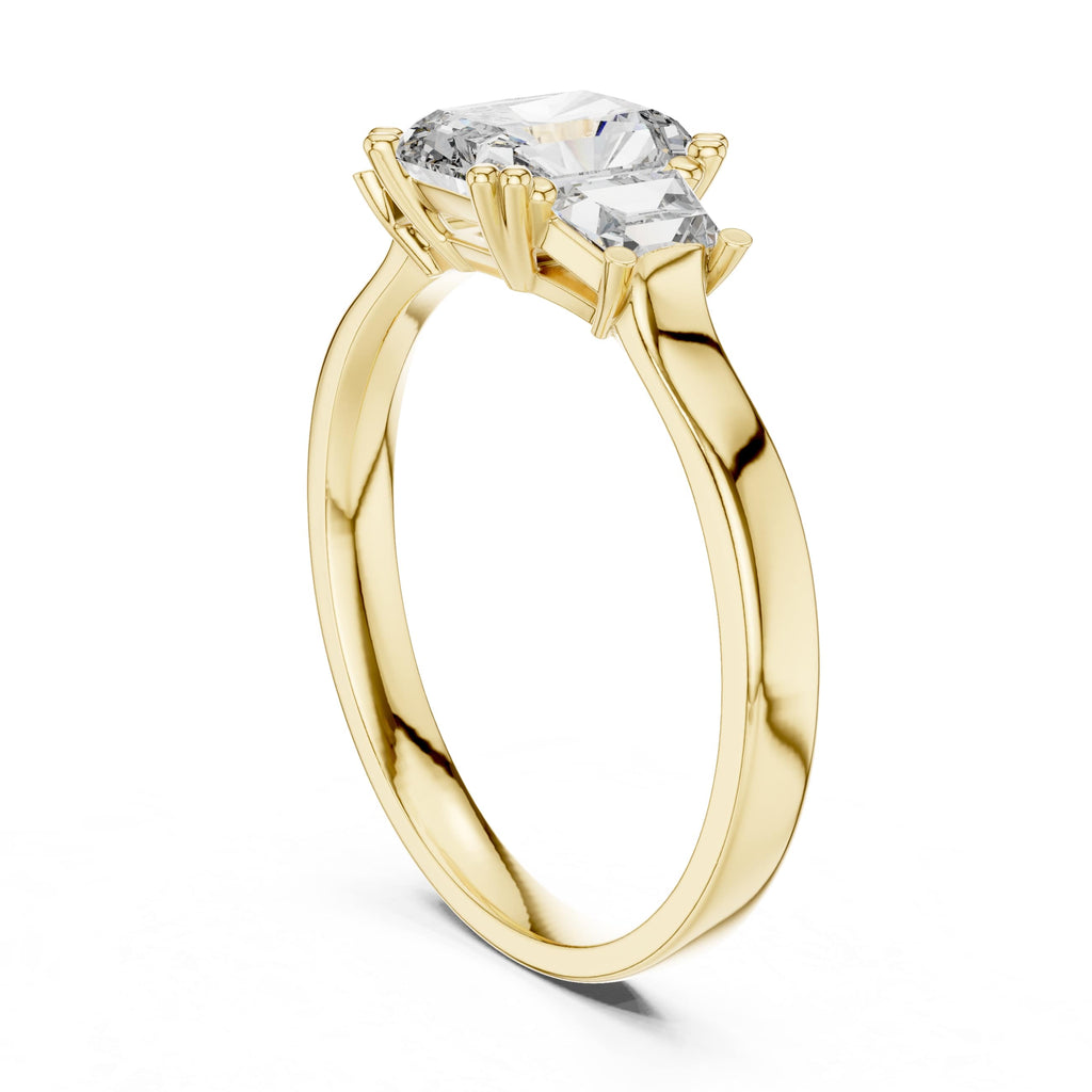 Elisora Radiant Three-Stone Engagement Ring | Radiant Cut Center with Baguette Side Stones | Moissanite or Lab Diamond in 10K/14K Gold or Silver