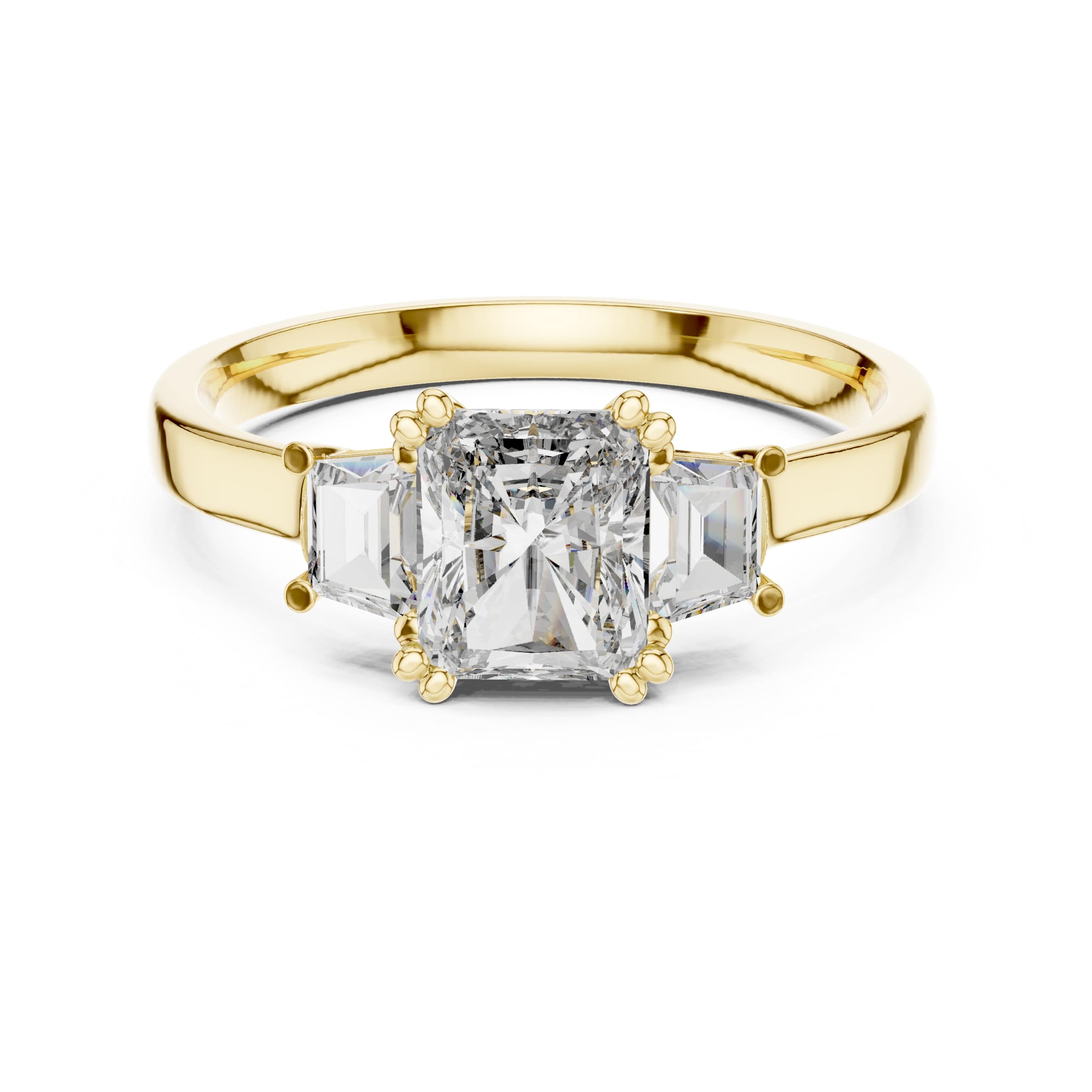 Elisora Radiant Three-Stone Engagement Ring | Radiant Cut Center with Baguette Side Stones | Moissanite or Lab Diamond in 10K/14K Gold or Silver