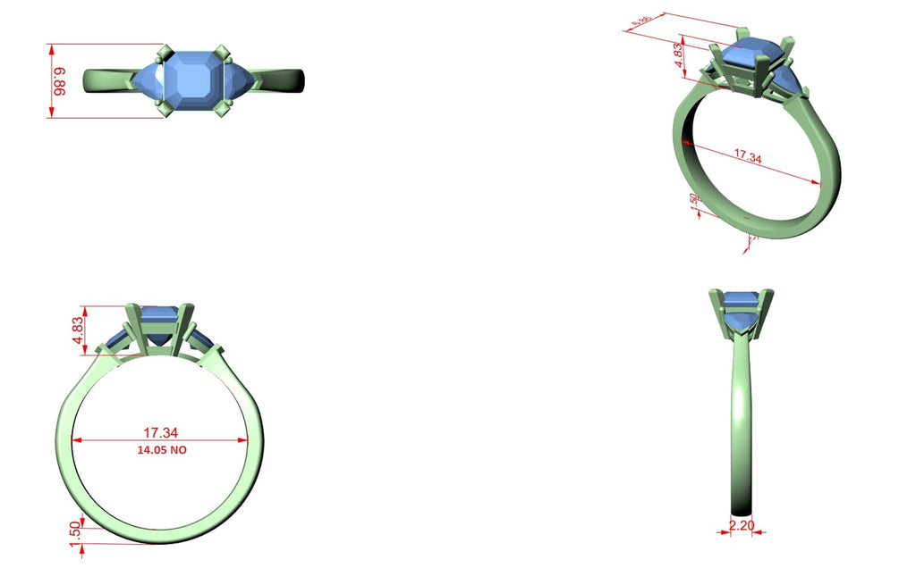 Elisora Emerald Cut Three-Stone Engagement Ring | Trillion Side Stones | Moissanite or Lab Diamond in 10K/14K Gold or Silver