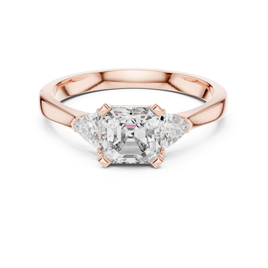 Elisora Emerald Cut Three-Stone Engagement Ring | Trillion Side Stones | Moissanite or Lab Diamond in 10K/14K Gold or Silver