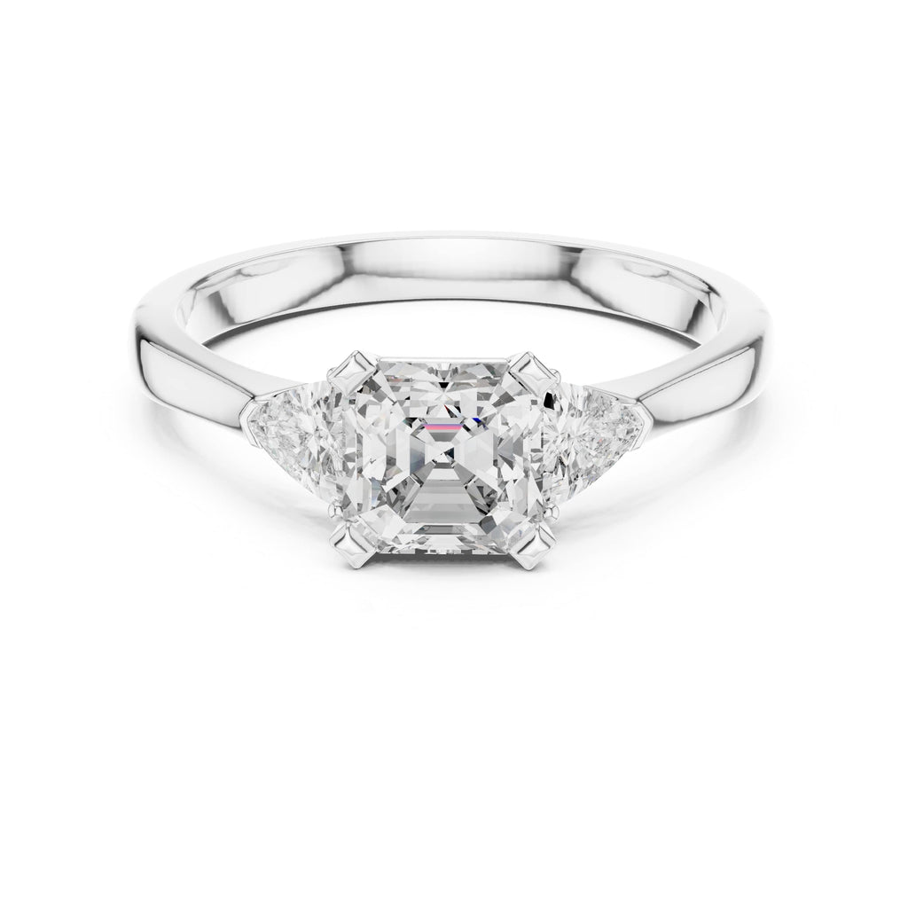 Elisora Emerald Cut Three-Stone Engagement Ring | Trillion Side Stones | Moissanite or Lab Diamond in 10K/14K Gold or Silver