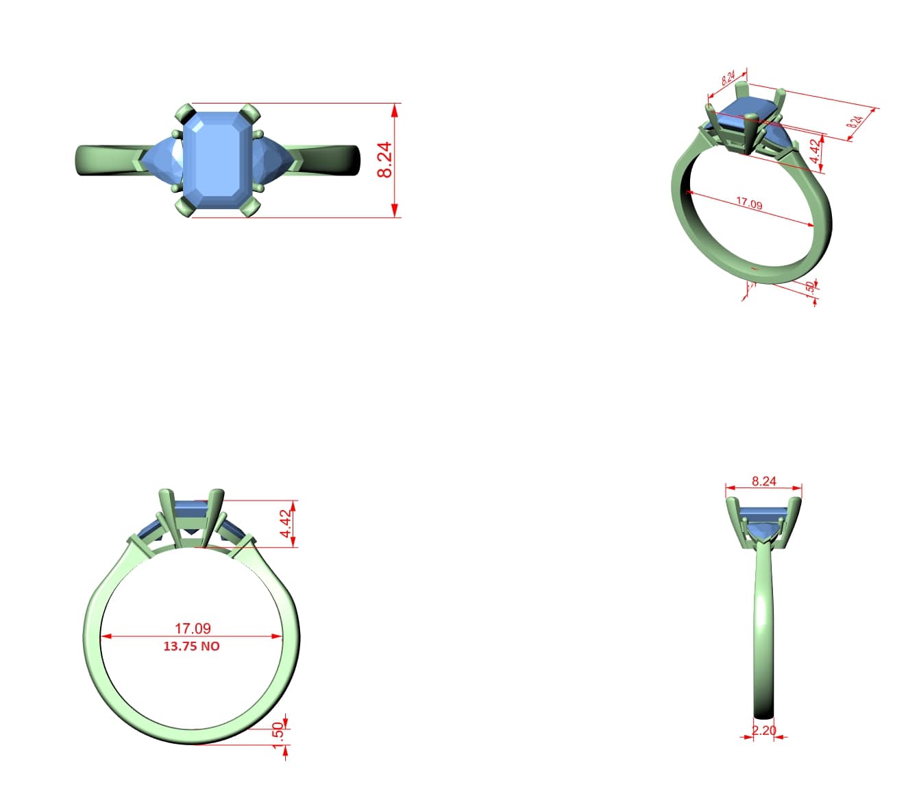 Elisora Emerald Cut Three-Stone Engagement Ring | Trillion Side Stones | Moissanite or Lab Diamond in 10K/14K Gold or Silver