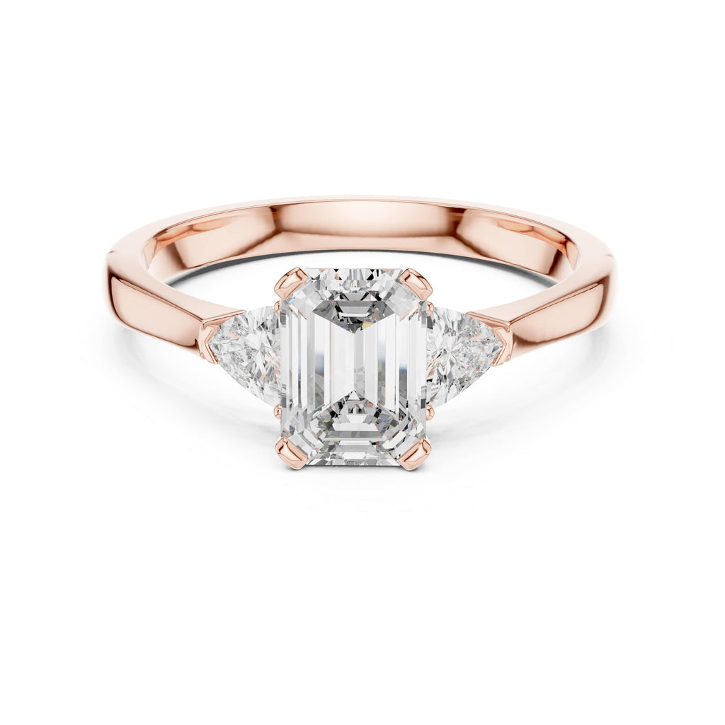 Elisora Emerald Cut Three-Stone Engagement Ring | Trillion Side Stones | Moissanite or Lab Diamond in 10K/14K Gold or Silver