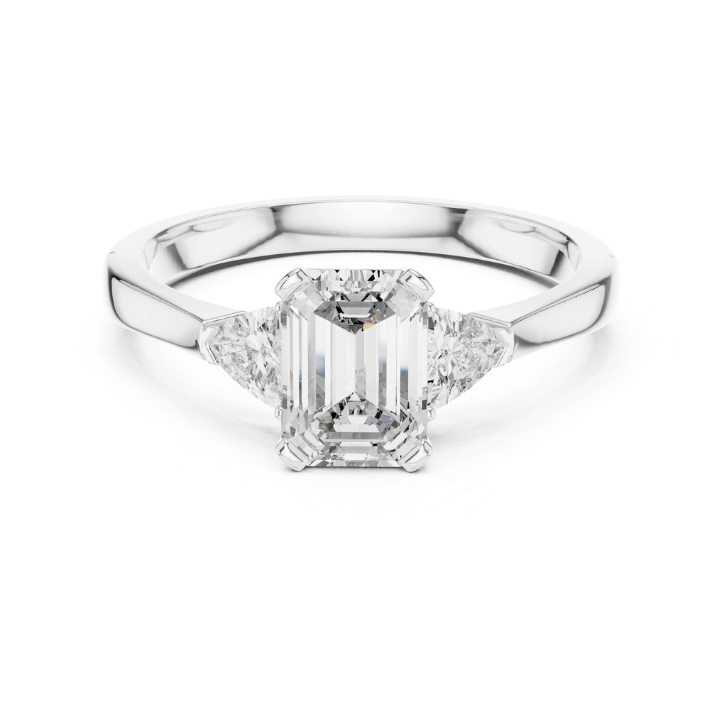 Elisora Emerald Cut Three-Stone Engagement Ring | Trillion Side Stones | Moissanite or Lab Diamond in 10K/14K Gold or Silver