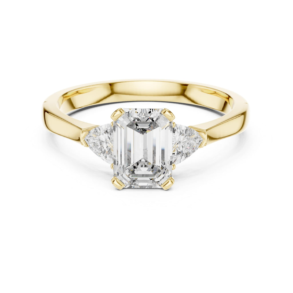 Elisora Emerald Cut Three-Stone Engagement Ring | Trillion Side Stones | Moissanite or Lab Diamond in 10K/14K Gold or Silver