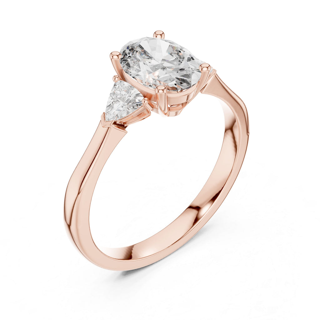 Elisora Oval Three-Stone Engagement Ring | Trillion Side Stones | Moissanite or Lab Diamond in 10K/14K Gold or Silver