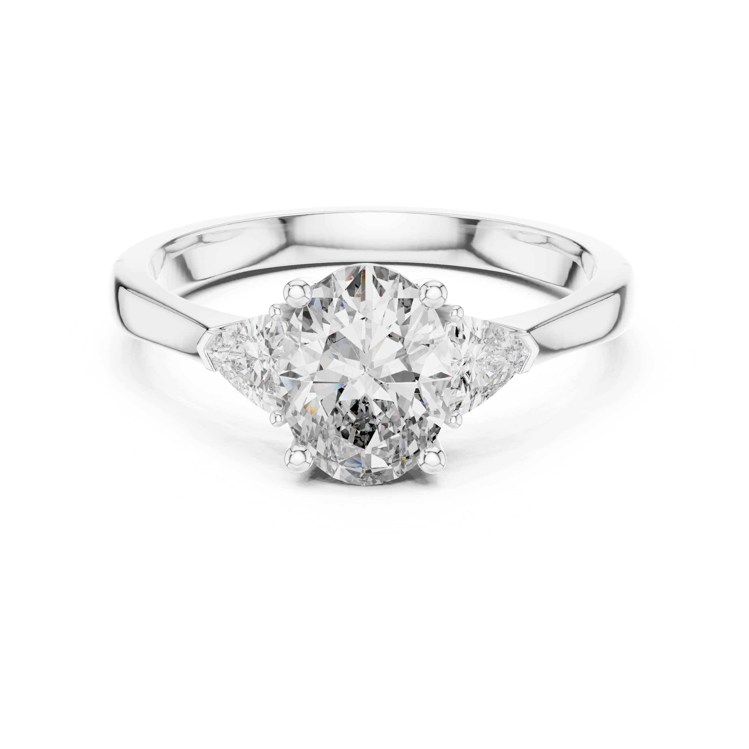 Elisora Oval Three-Stone Engagement Ring | Trillion Side Stones | Moissanite or Lab Diamond in 10K/14K Gold or Silver