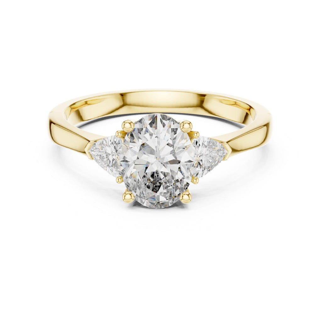 Elisora Oval Three-Stone Engagement Ring | Trillion Side Stones | Moissanite or Lab Diamond in 10K/14K Gold or Silver