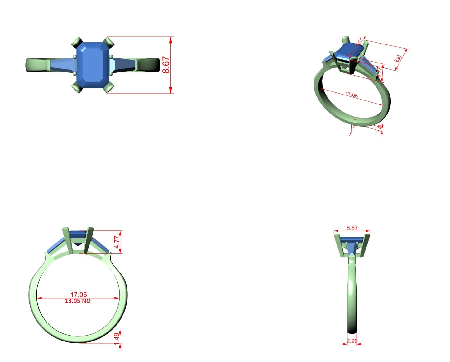 Elisora Emerald-Cut Three-Stone Moissanite or Lab Diamond Engagement Ring | Trapezoid Side Stones in 10K/14K Gold or Silver