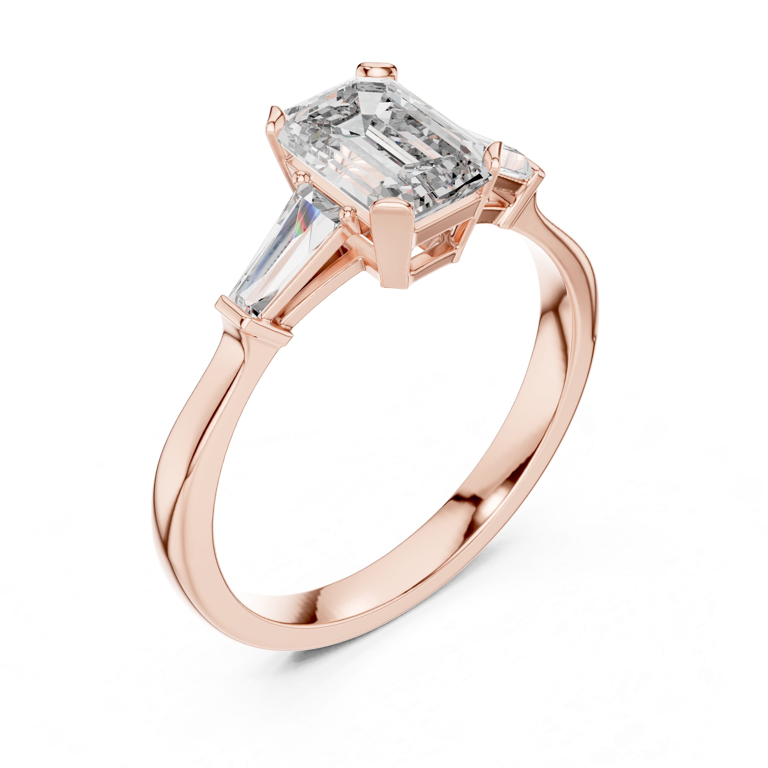 Elisora Emerald-Cut Three-Stone Moissanite or Lab Diamond Engagement Ring | Trapezoid Side Stones in 10K/14K Gold or Silver