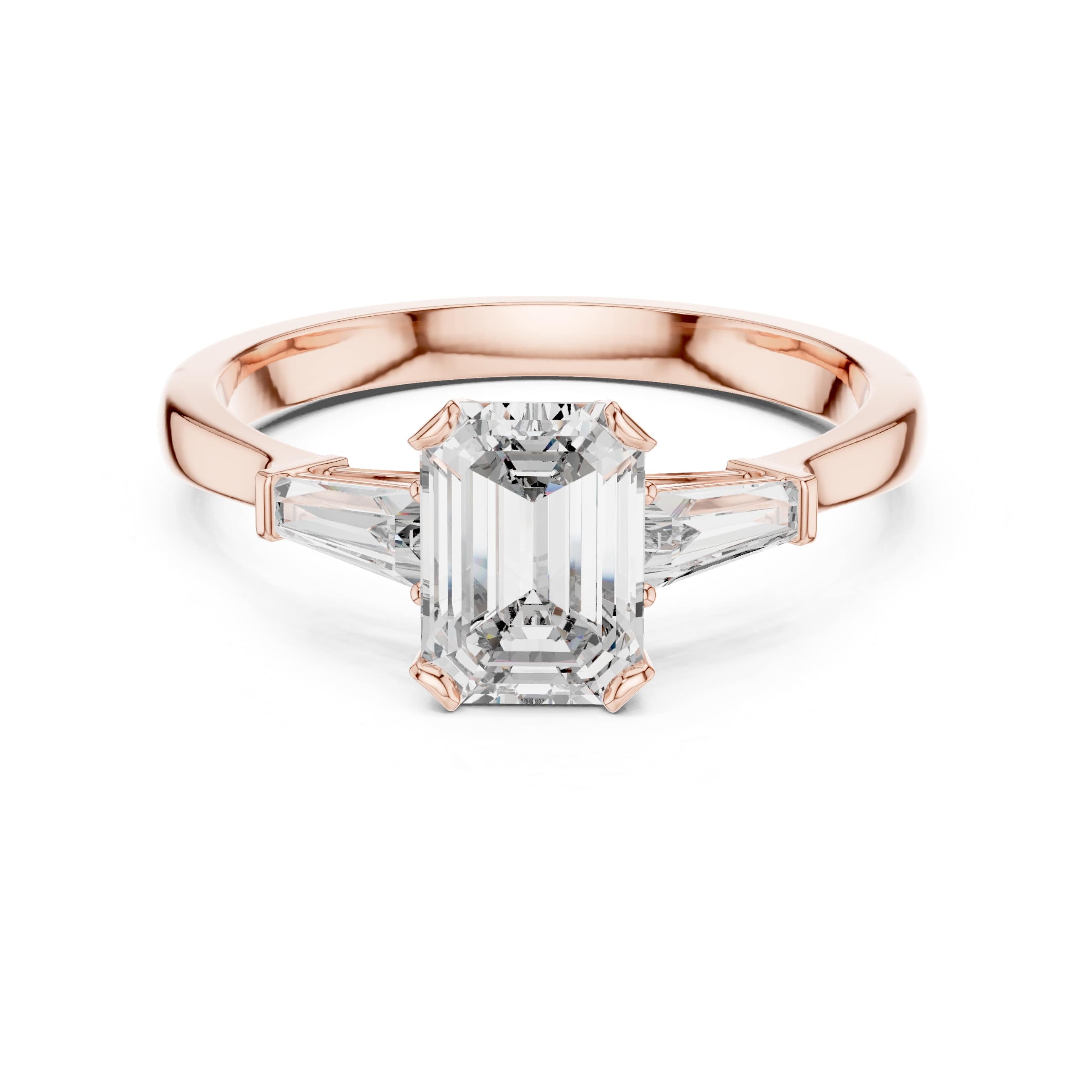 Elisora Emerald-Cut Three-Stone Moissanite or Lab Diamond Engagement Ring | Trapezoid Side Stones in 10K/14K Gold or Silver