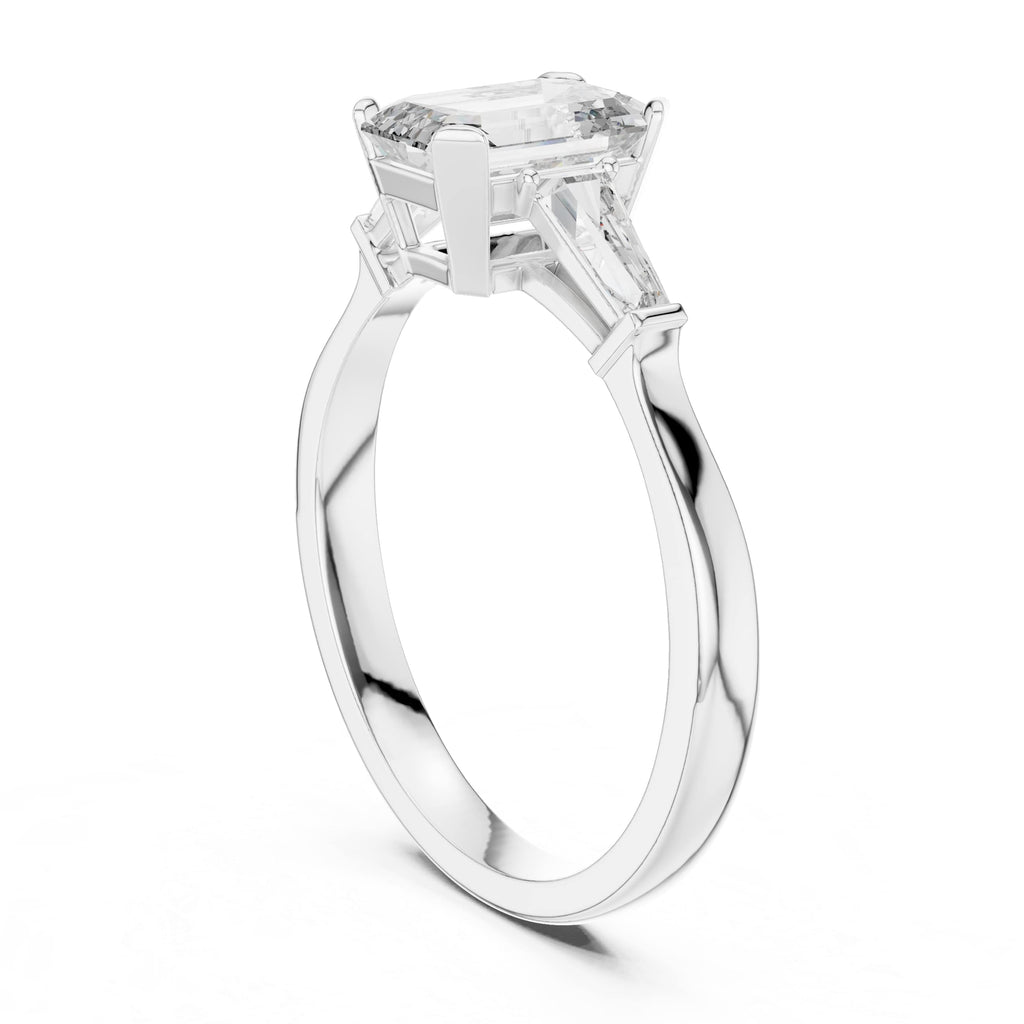 Elisora Emerald-Cut Three-Stone Moissanite or Lab Diamond Engagement Ring | Trapezoid Side Stones in 10K/14K Gold or Silver