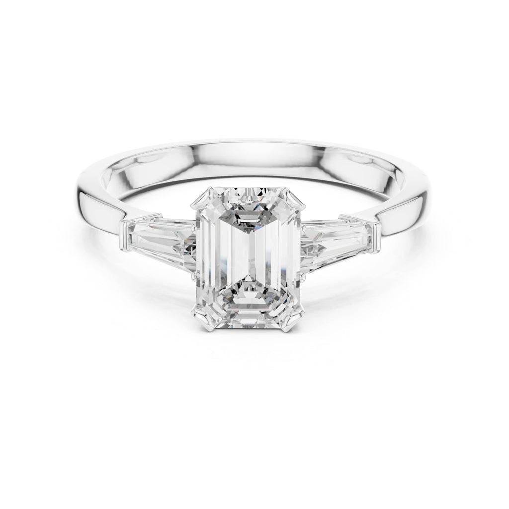Elisora Emerald-Cut Three-Stone Moissanite or Lab Diamond Engagement Ring | Trapezoid Side Stones in 10K/14K Gold or Silver