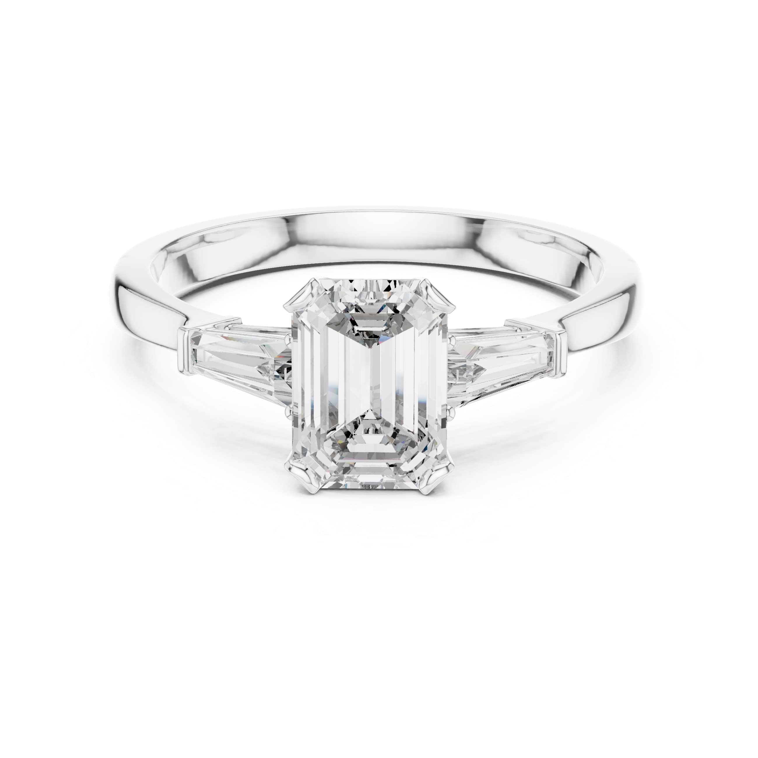 Elisora Emerald-Cut Three-Stone Moissanite or Lab Diamond Engagement Ring | Trapezoid Side Stones in 10K/14K Gold or Silver