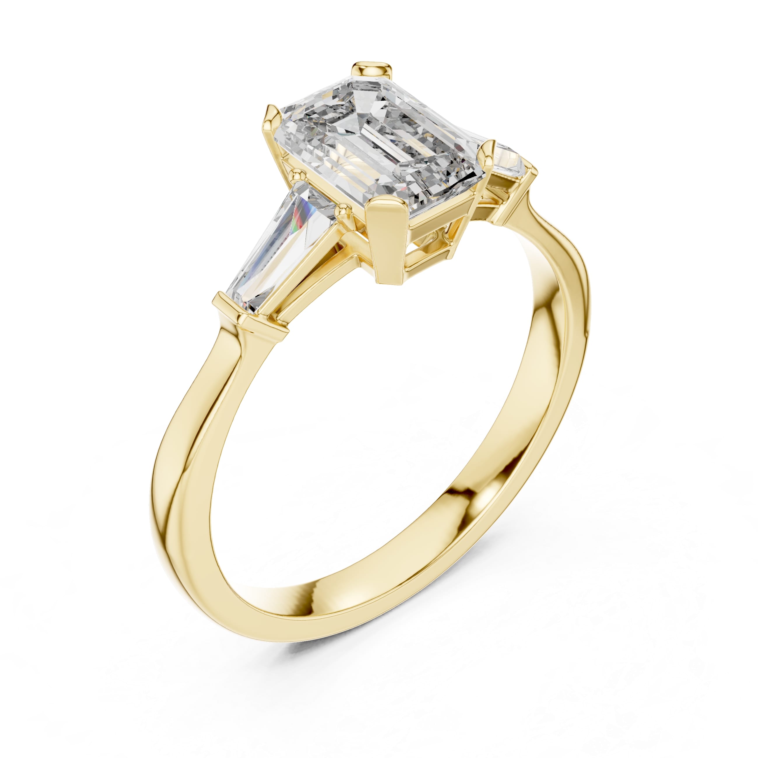 Elisora Emerald-Cut Three-Stone Moissanite or Lab Diamond Engagement Ring | Trapezoid Side Stones in 10K/14K Gold or Silver