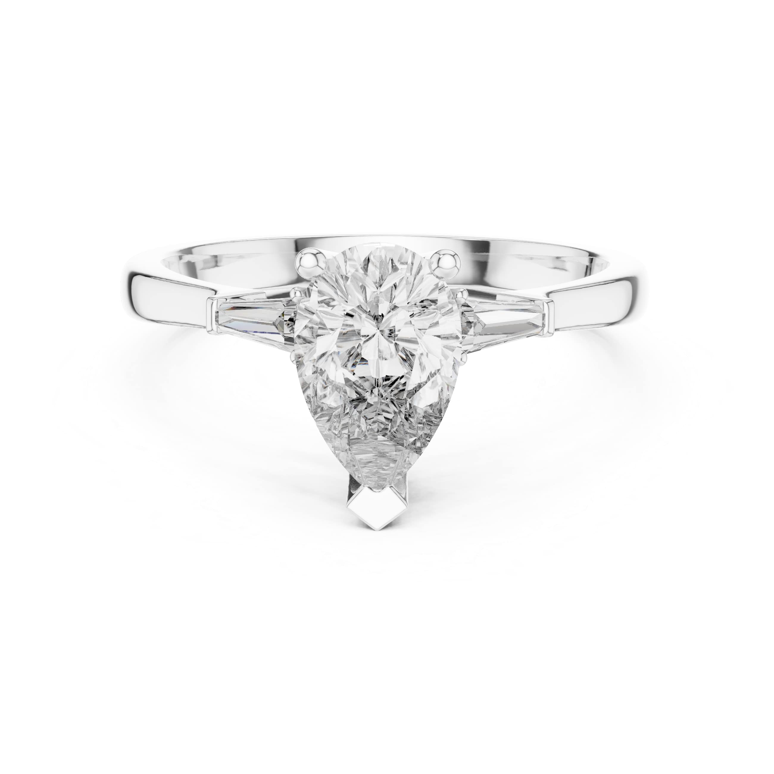 Elisora Pear-Cut Solitaire Engagement Ring | Moissanite or Lab Diamond with Baguette Side Stones in 10K/14K Gold or Silver