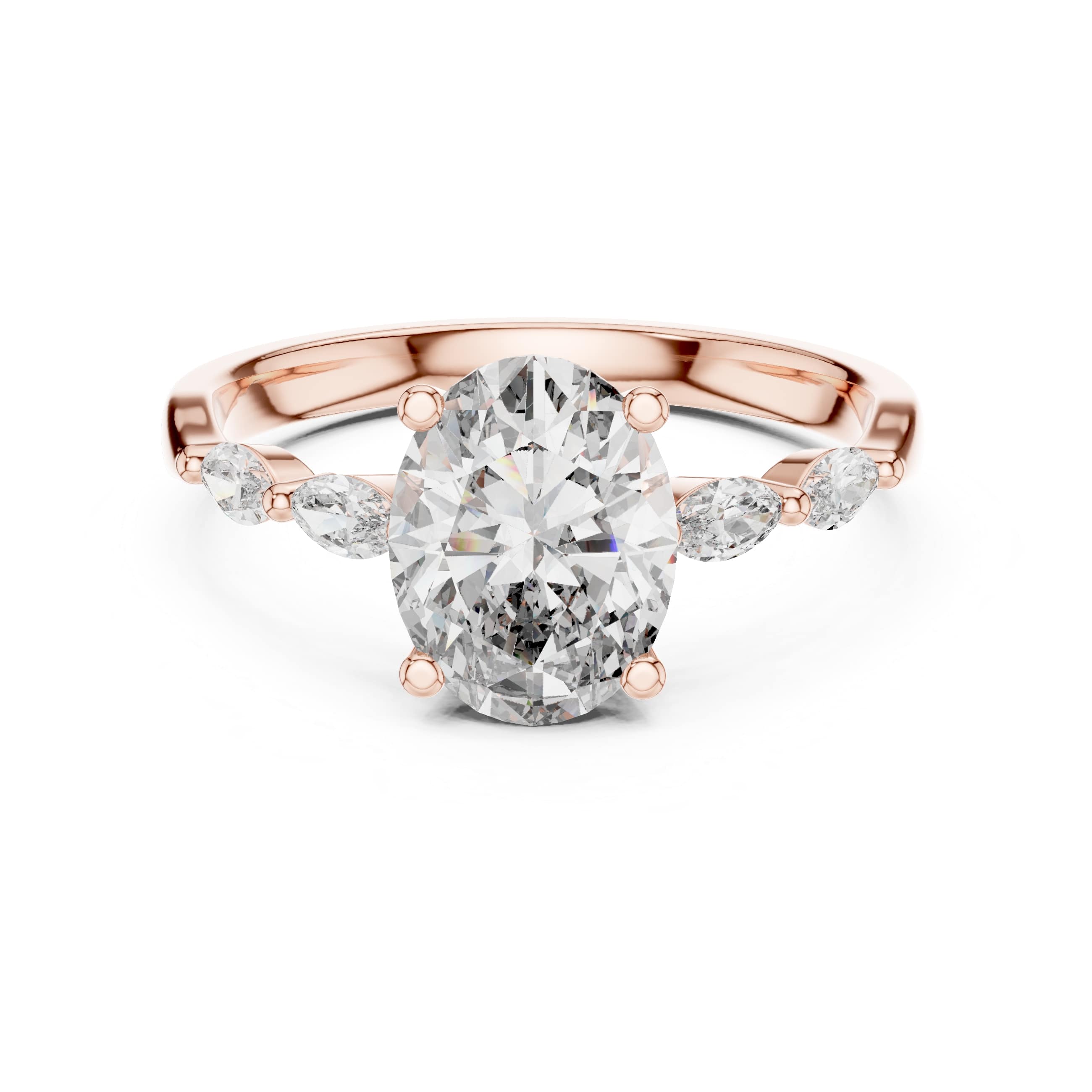 Elisora Oval Three-Stone Moissanite or Lab Diamond Engagement Ring | Marquise Side Accents in 10K/14K Gold or Silver