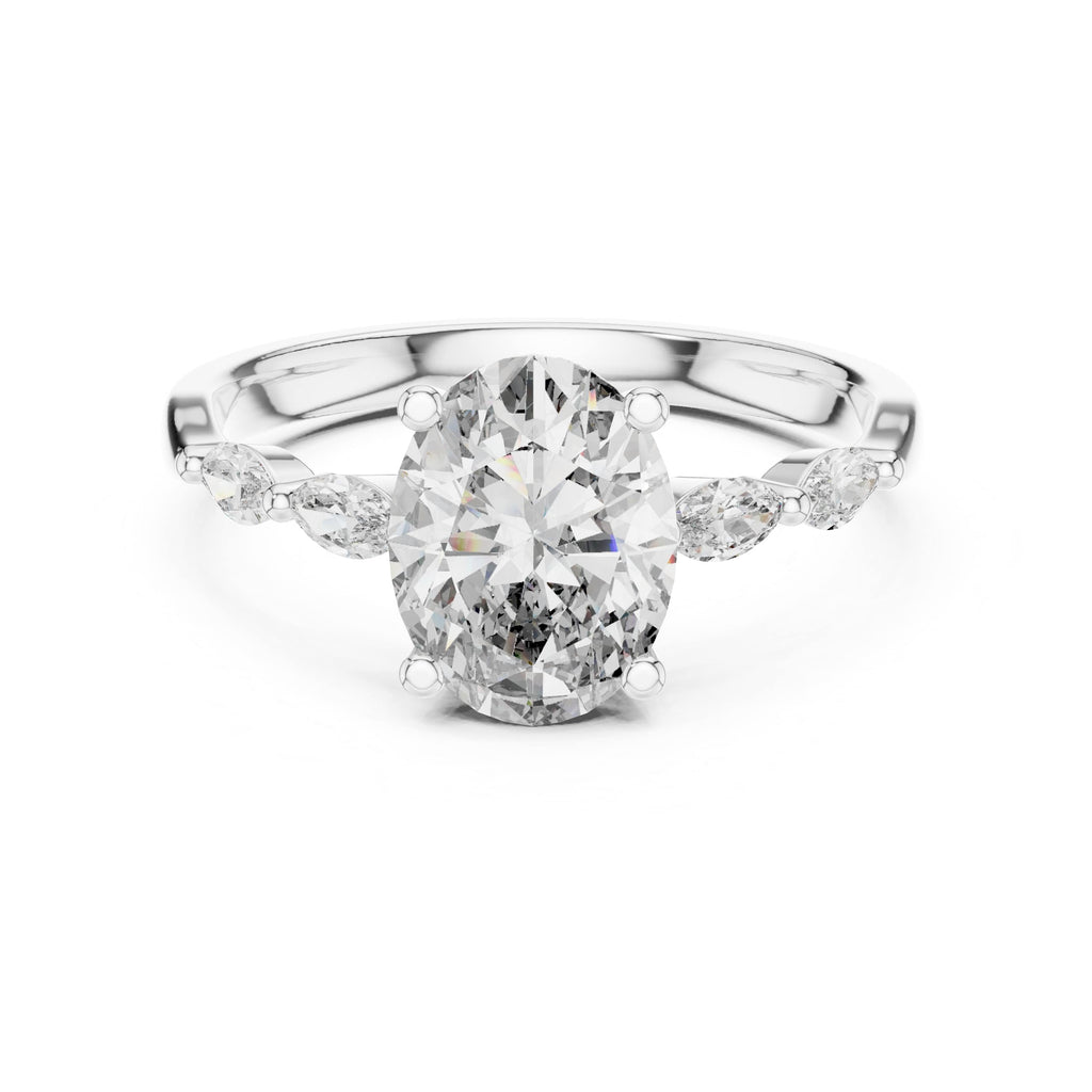 Elisora Oval Three-Stone Moissanite or Lab Diamond Engagement Ring | Marquise Side Accents in 10K/14K Gold or Silver