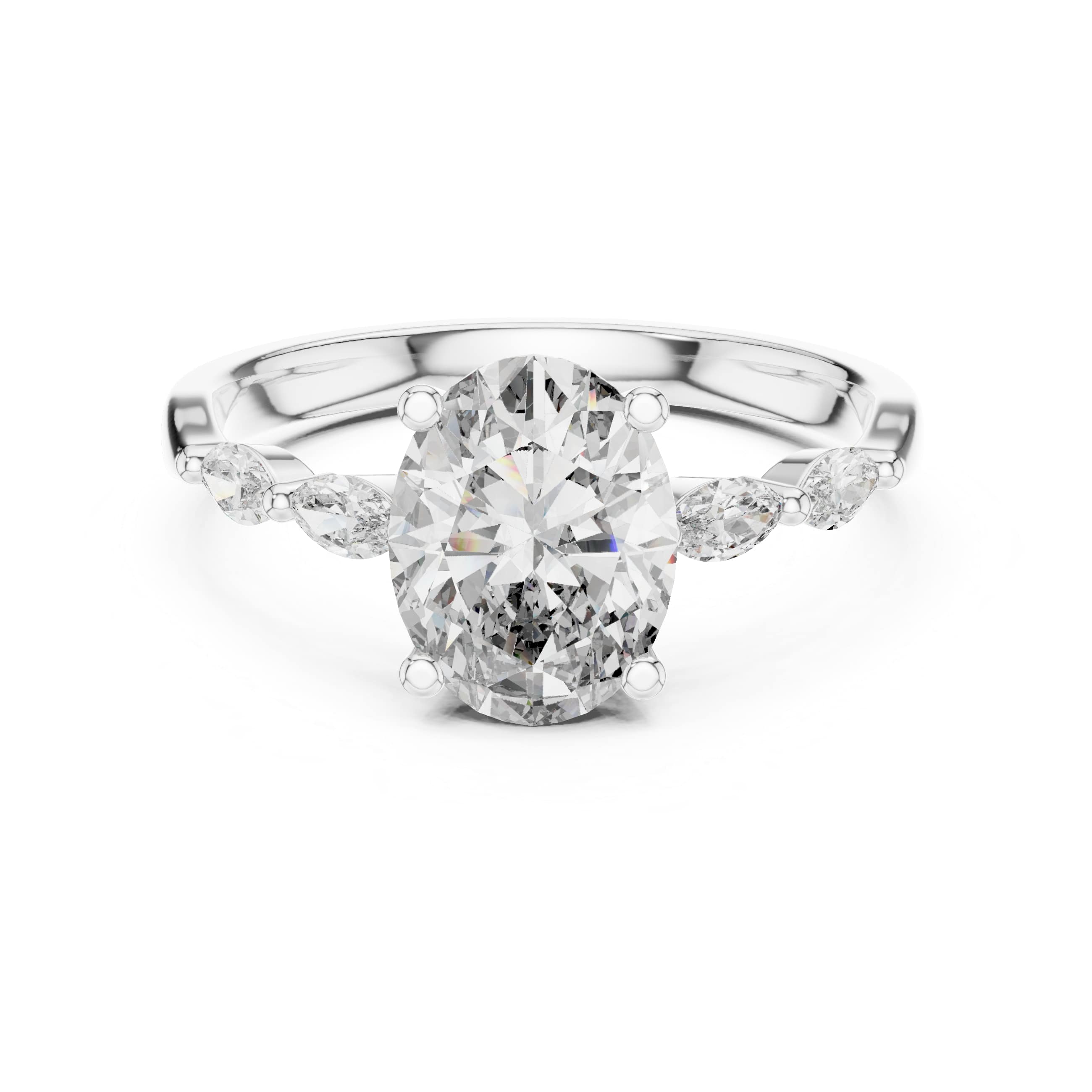 Elisora Oval Three-Stone Moissanite or Lab Diamond Engagement Ring | Marquise Side Accents in 10K/14K Gold or Silver