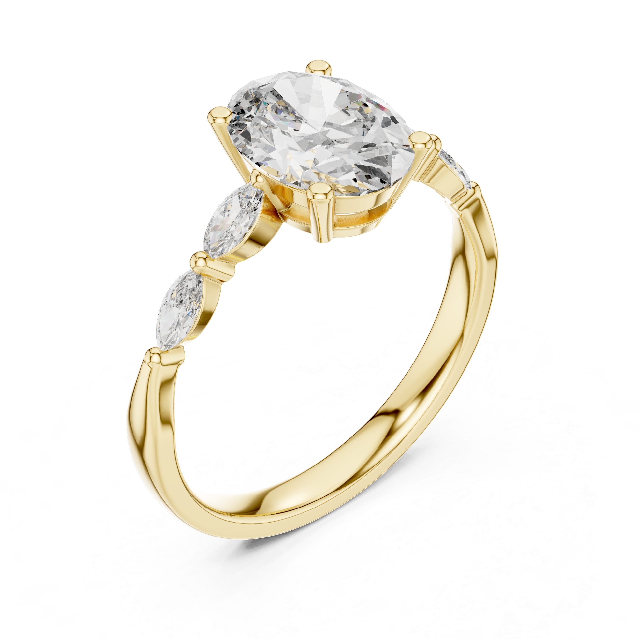 Elisora Oval Three-Stone Moissanite or Lab Diamond Engagement Ring | Marquise Side Accents in 10K/14K Gold or Silver
