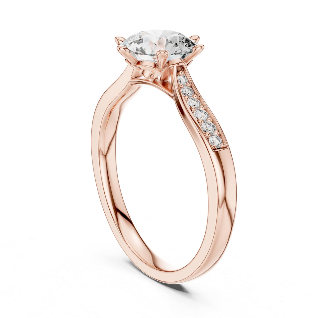Elisora Round Solitaire Pavé Engagement Ring | Six-Prong Moissanite or Lab Diamond Ring with Pavé Band in 10K/14K Gold or Silver