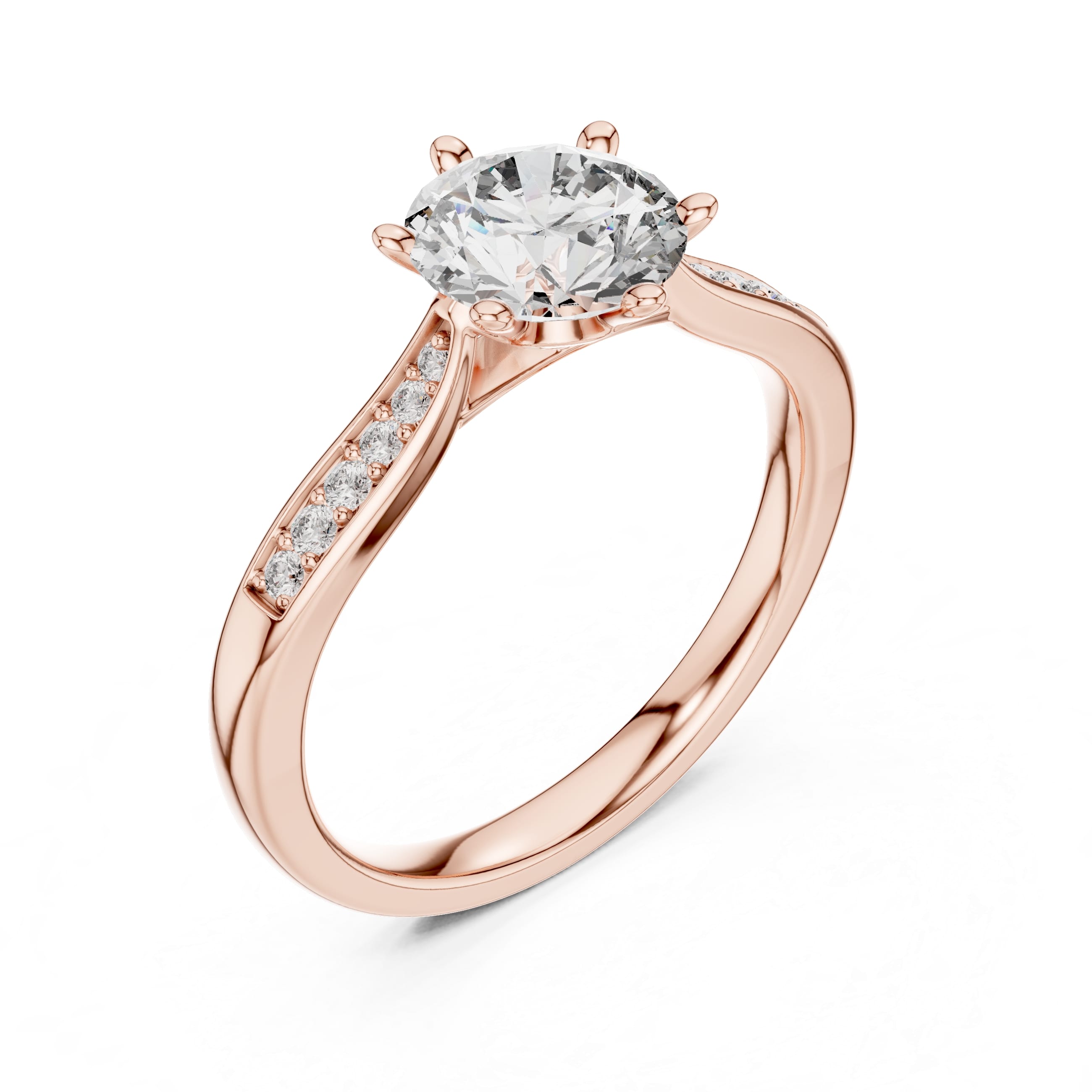 Elisora Round Solitaire Pavé Engagement Ring | Six-Prong Moissanite or Lab Diamond Ring with Pavé Band in 10K/14K Gold or Silver