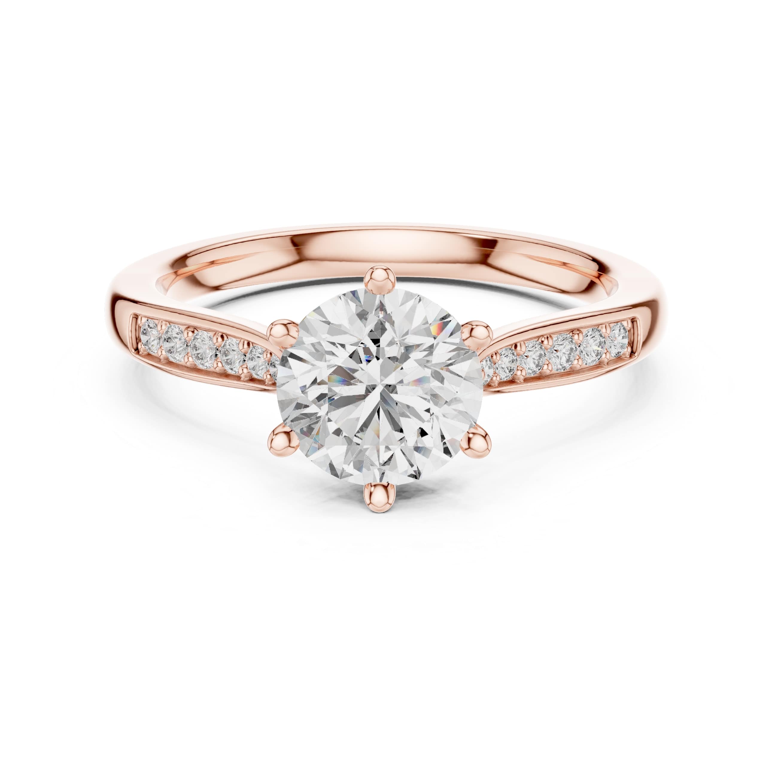 Elisora Round Solitaire Pavé Engagement Ring | Six-Prong Moissanite or Lab Diamond Ring with Pavé Band in 10K/14K Gold or Silver