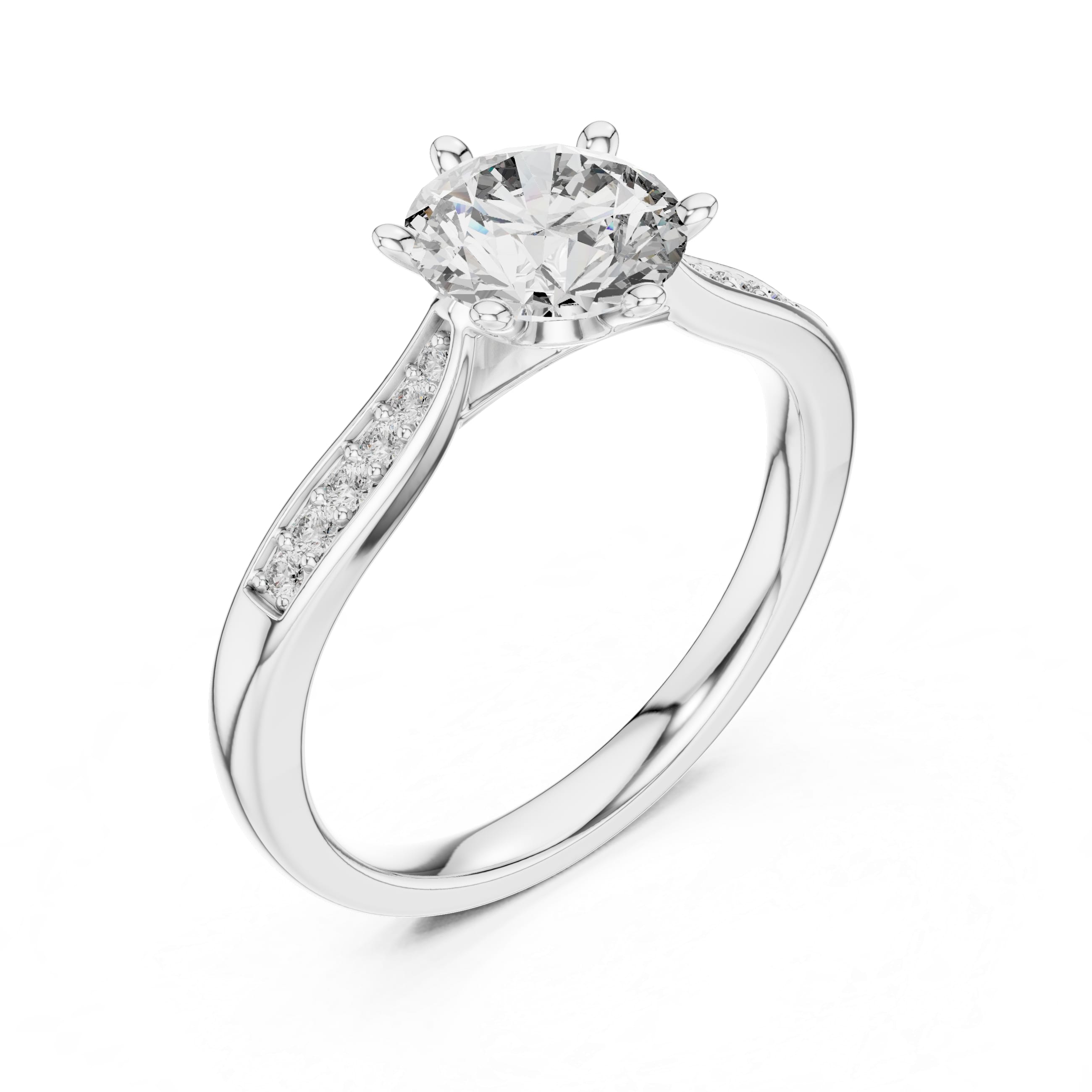 Elisora Round Solitaire Pavé Engagement Ring | Six-Prong Moissanite or Lab Diamond Ring with Pavé Band in 10K/14K Gold or Silver