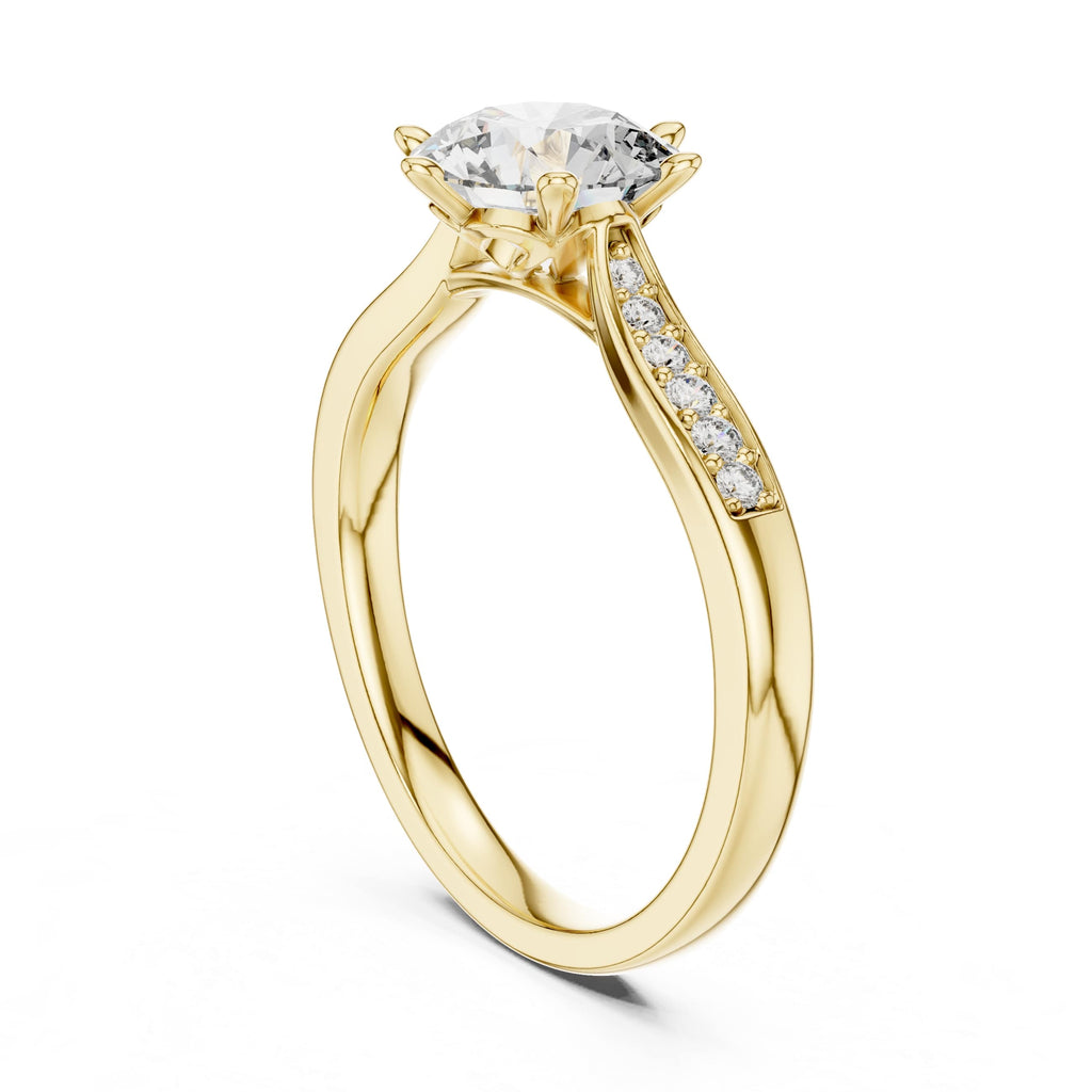 Elisora Round Solitaire Pavé Engagement Ring | Six-Prong Moissanite or Lab Diamond Ring with Pavé Band in 10K/14K Gold or Silver