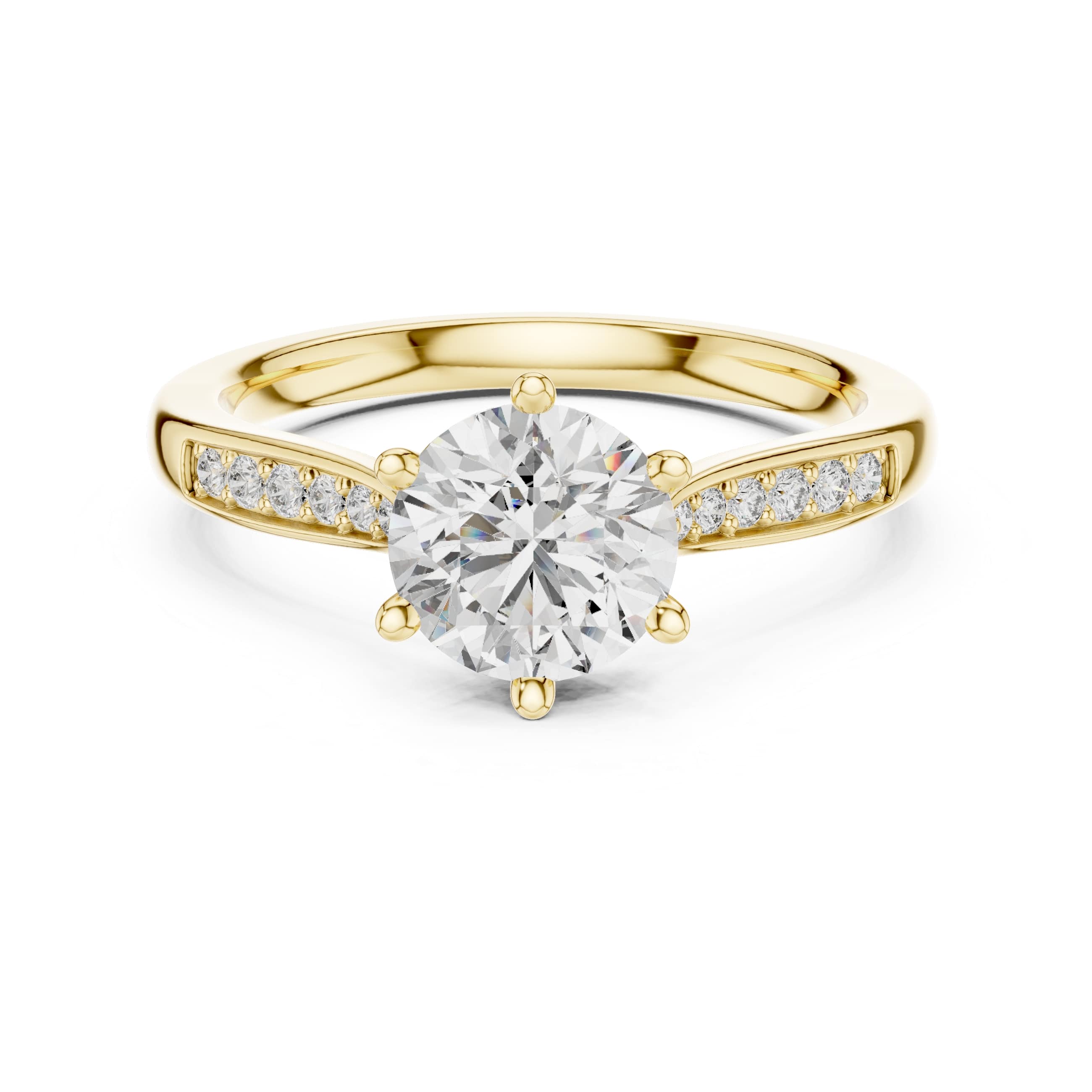 Elisora Round Solitaire Pavé Engagement Ring | Six-Prong Moissanite or Lab Diamond Ring with Pavé Band in 10K/14K Gold or Silver