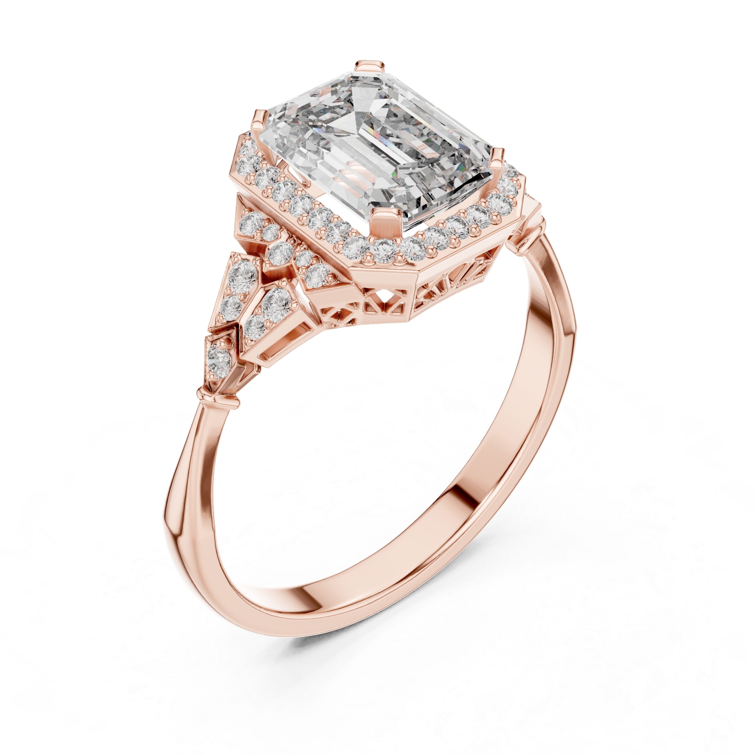 Elisora Emerald-Cut Halo Filigree Engagement Ring | Vintage Moissanite or Lab Diamond Ring in 10K/14K Gold or Silver | Cathedral Heirloom Design