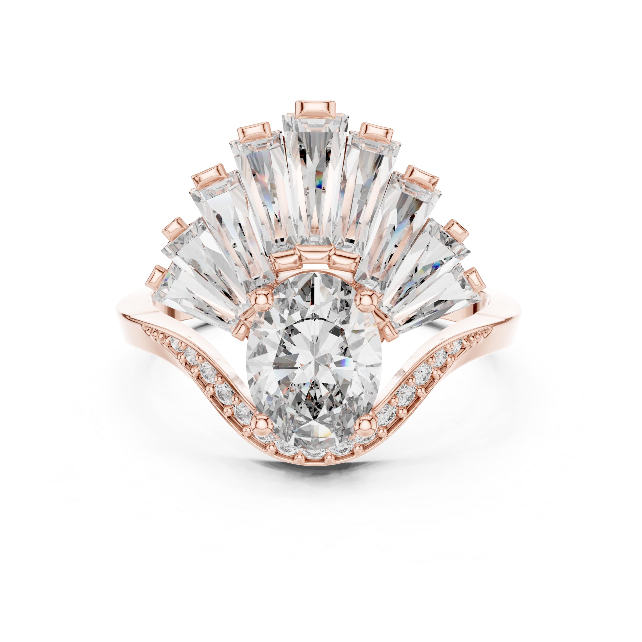 Elisora Peacock Fan Oval Moissanite Ring | Art Deco Statement Engagement & Cocktail Ring with Baguette Accents in 10K/14K Gold or Silver