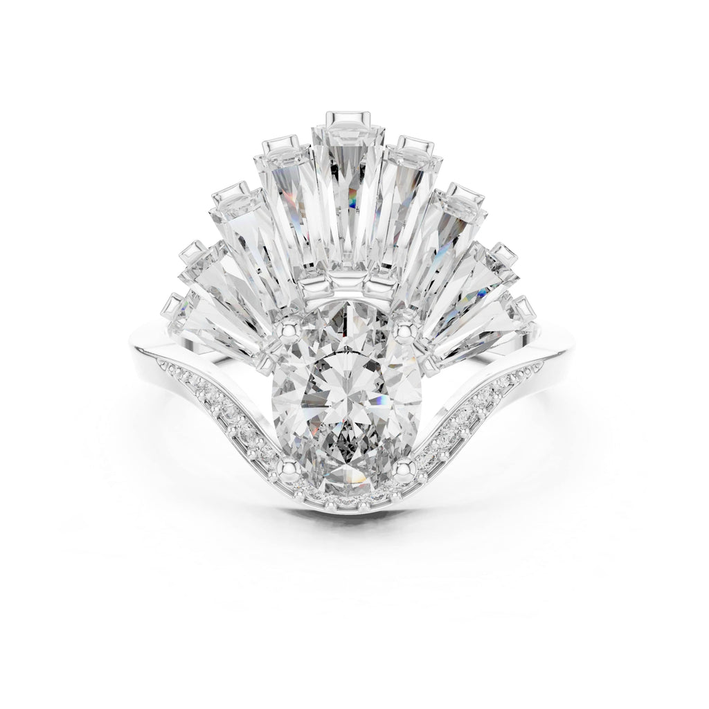 Elisora Peacock Fan Oval Moissanite Ring | Art Deco Statement Engagement & Cocktail Ring with Baguette Accents in 10K/14K Gold or Silver