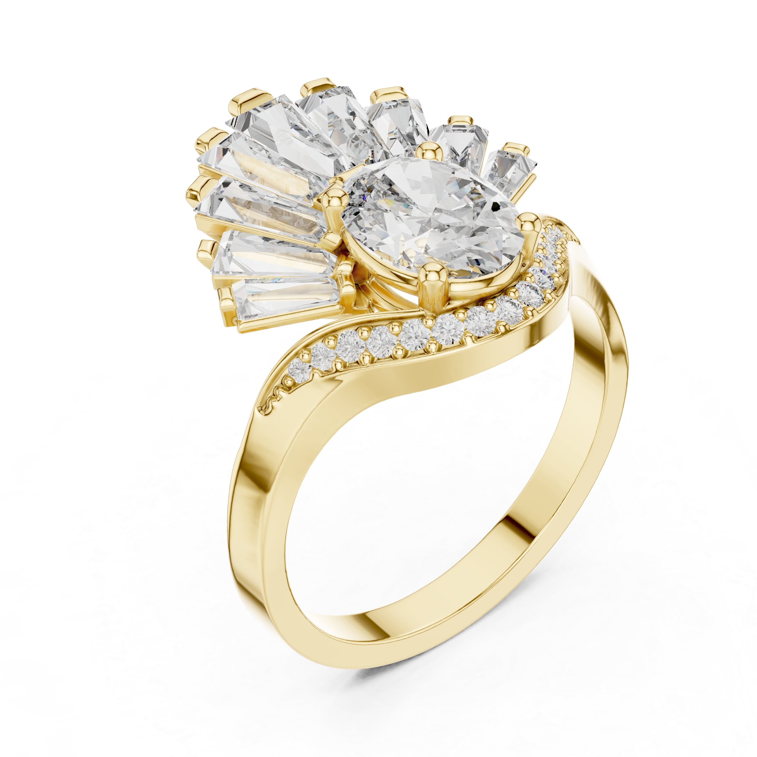 Elisora Peacock Fan Oval Moissanite Ring | Art Deco Statement Engagement & Cocktail Ring with Baguette Accents in 10K/14K Gold or Silver
