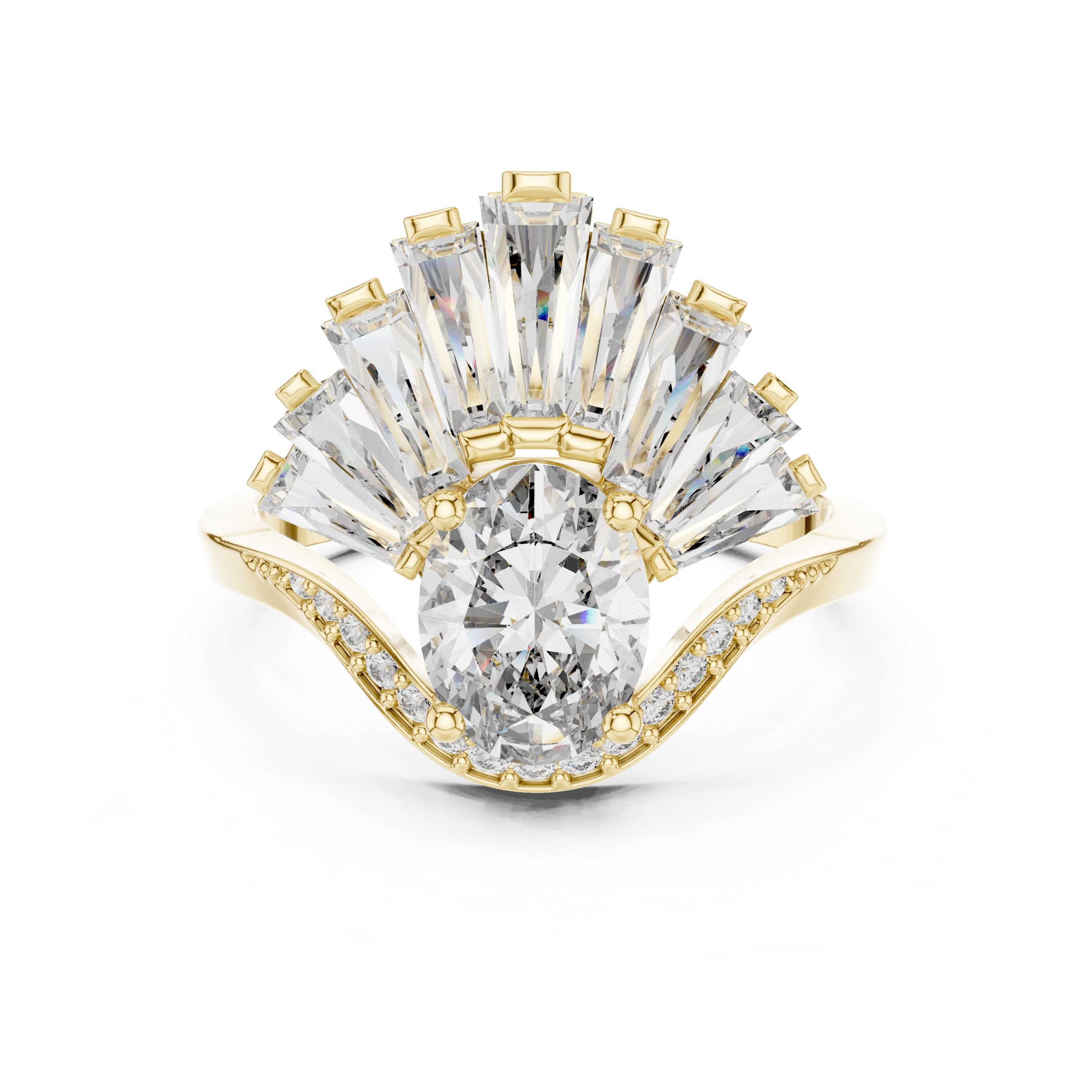 Elisora Peacock Fan Oval Moissanite Ring | Art Deco Statement Engagement & Cocktail Ring with Baguette Accents in 10K/14K Gold or Silver