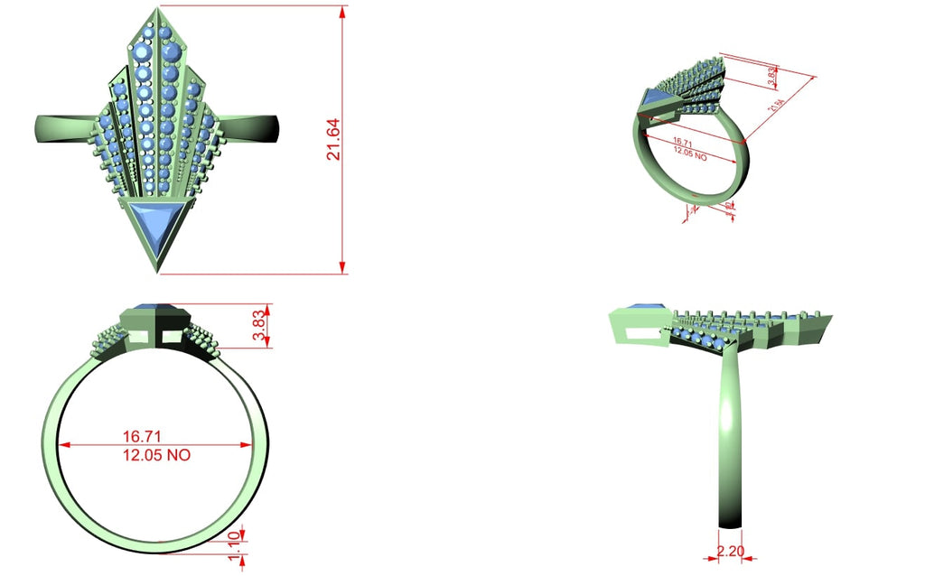 Elisora Geometric Spear Moissanite Ring | Triangle Cut Center with 52-Stone Cascade | Art Deco Statement Cocktail Ring in 10K/14K Gold or Silver