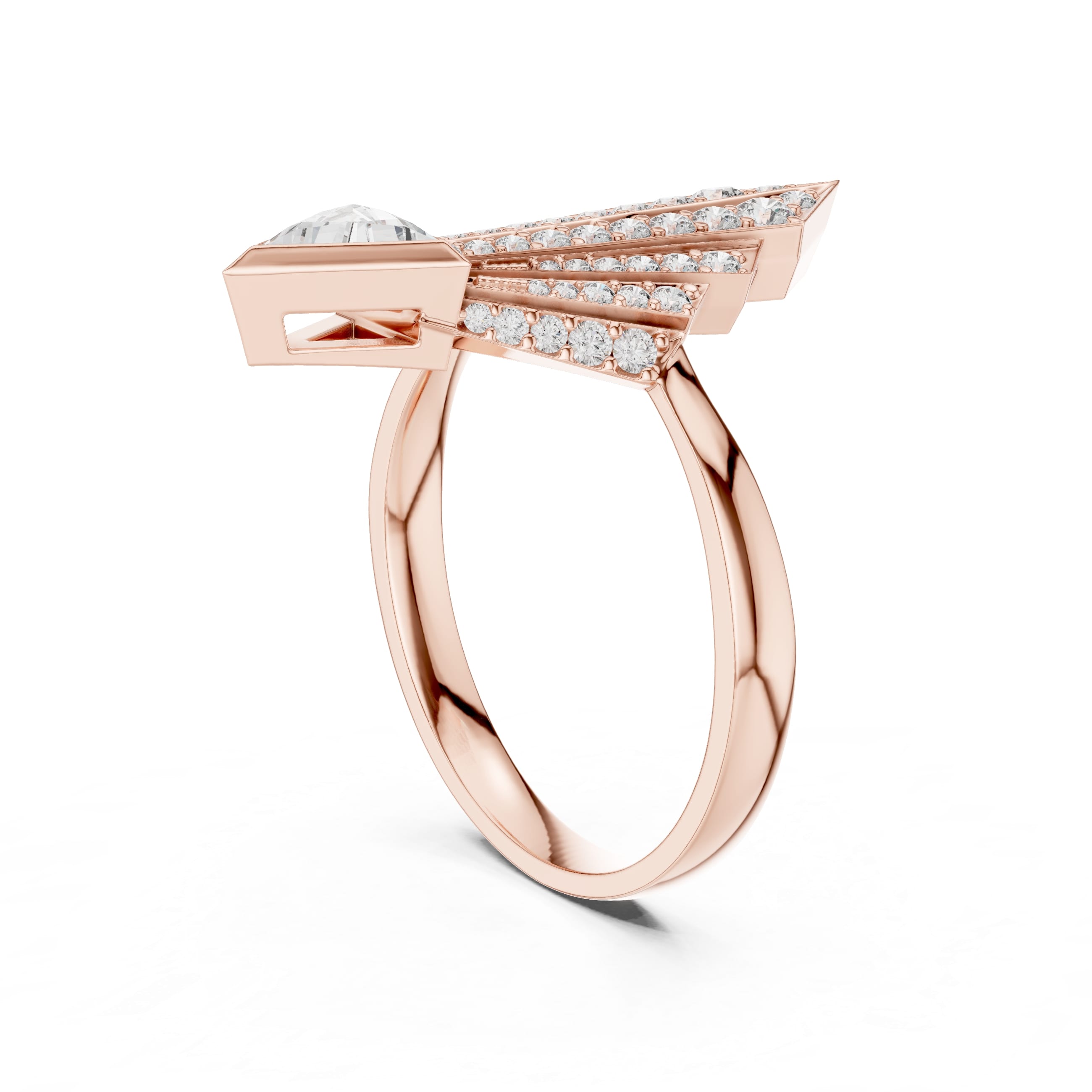 Elisora Geometric Spear Moissanite Ring | Triangle Cut Center with 52-Stone Cascade | Art Deco Statement Cocktail Ring in 10K/14K Gold or Silver