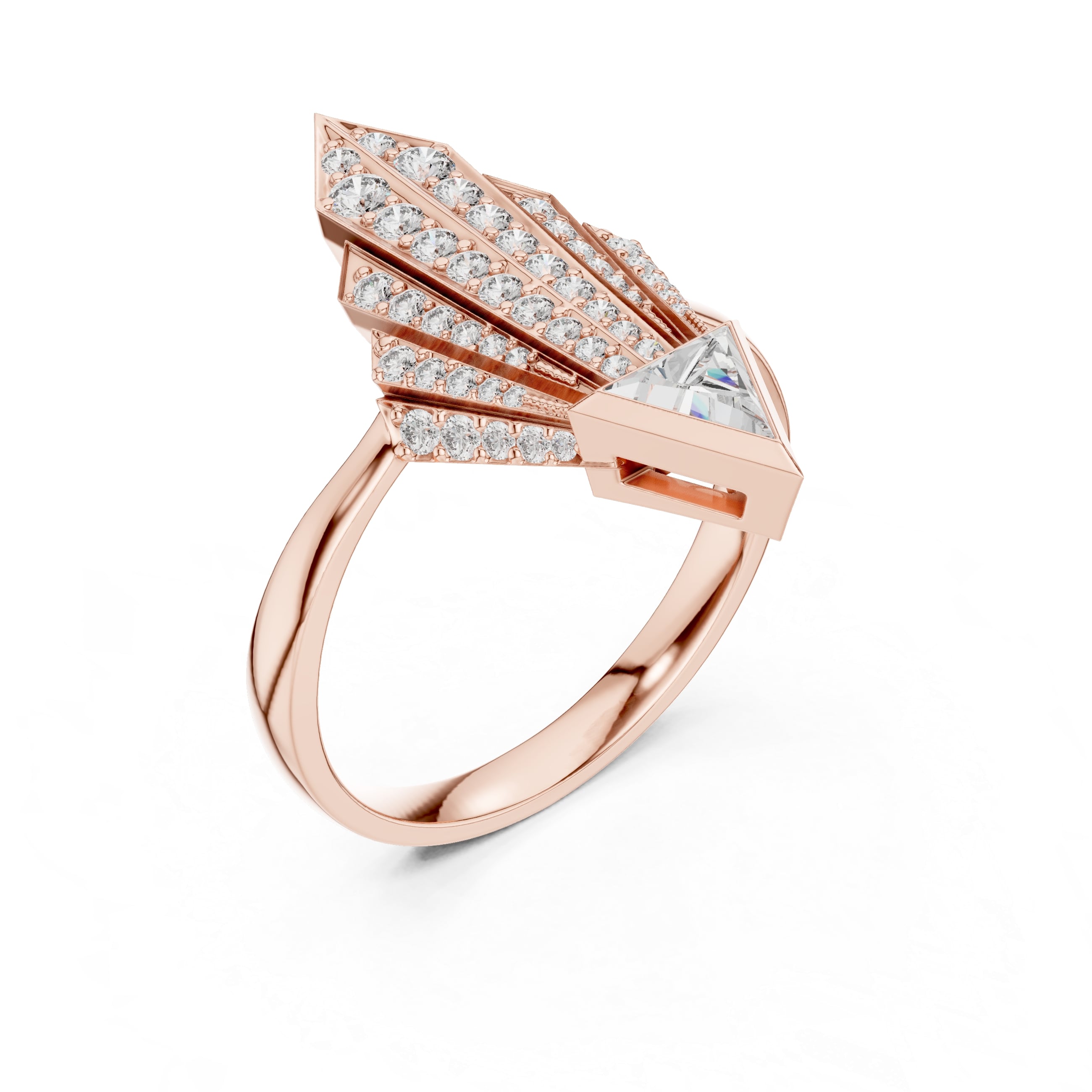Elisora Geometric Spear Moissanite Ring | Triangle Cut Center with 52-Stone Cascade | Art Deco Statement Cocktail Ring in 10K/14K Gold or Silver