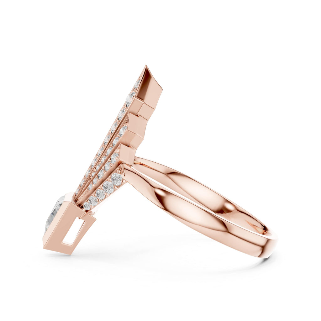 Elisora Geometric Spear Moissanite Ring | Triangle Cut Center with 52-Stone Cascade | Art Deco Statement Cocktail Ring in 10K/14K Gold or Silver